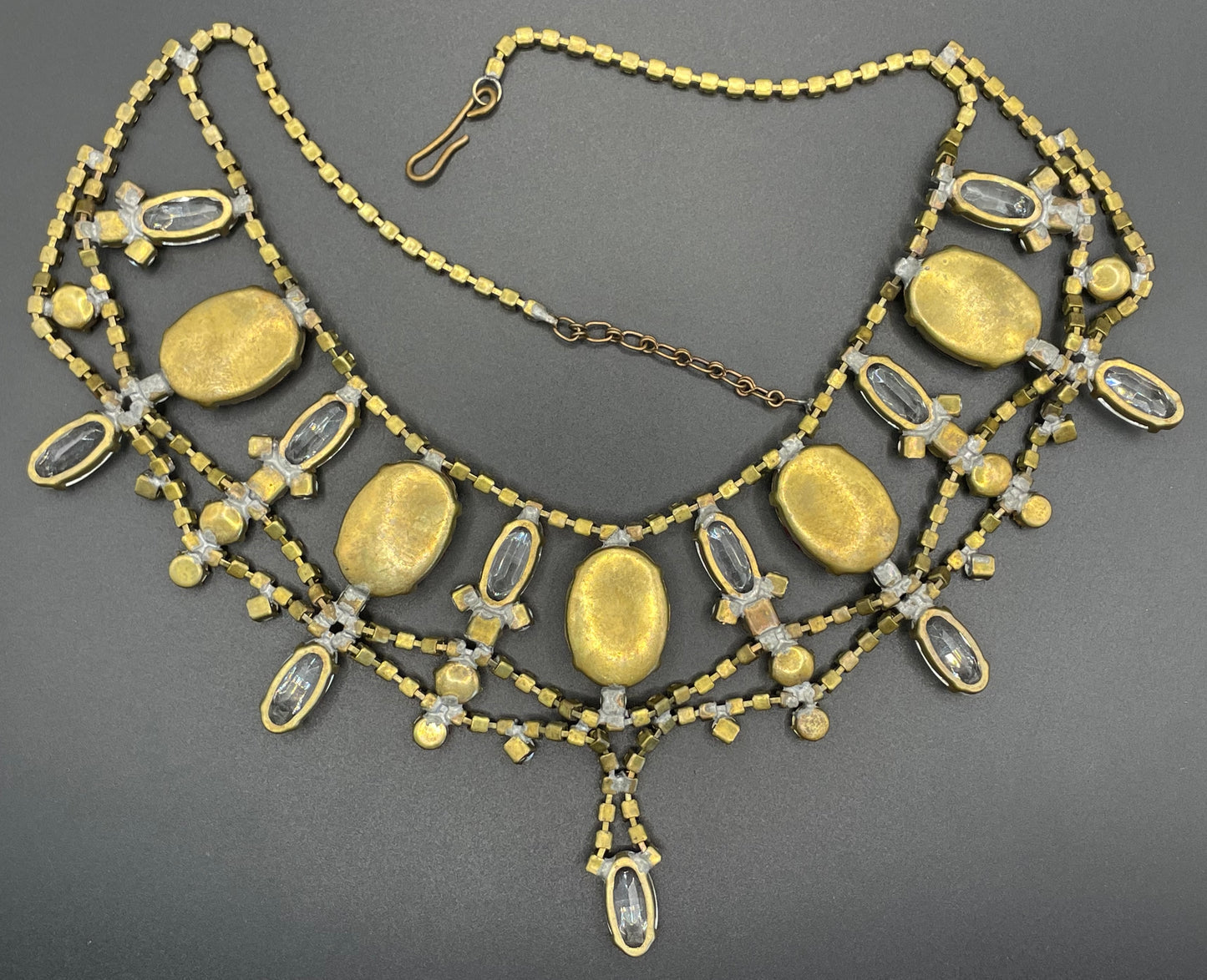 Huge vintage rhinestone festoon  bib necklace, large ice clear and garnet red vibrant Czech rhinestones, a heavy glass showstopping piece