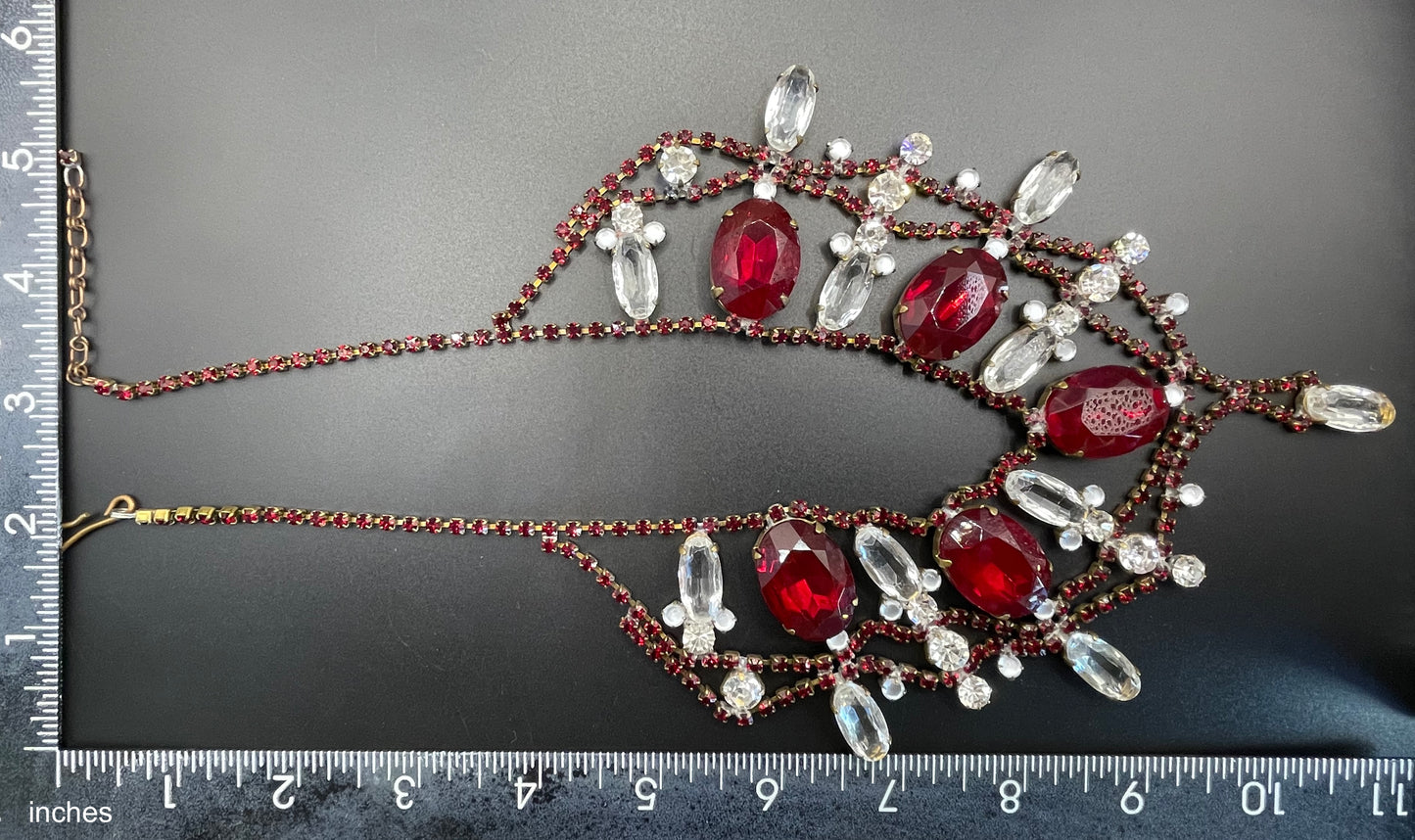 Huge vintage rhinestone festoon  bib necklace, large ice clear and garnet red vibrant Czech rhinestones, a heavy glass showstopping piece