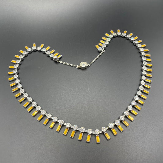 Vintage Art Deco Czech citrine yellow and clear crystal paste and shiny silver tone riviere necklace, collet set rhinestones, lovely clasp