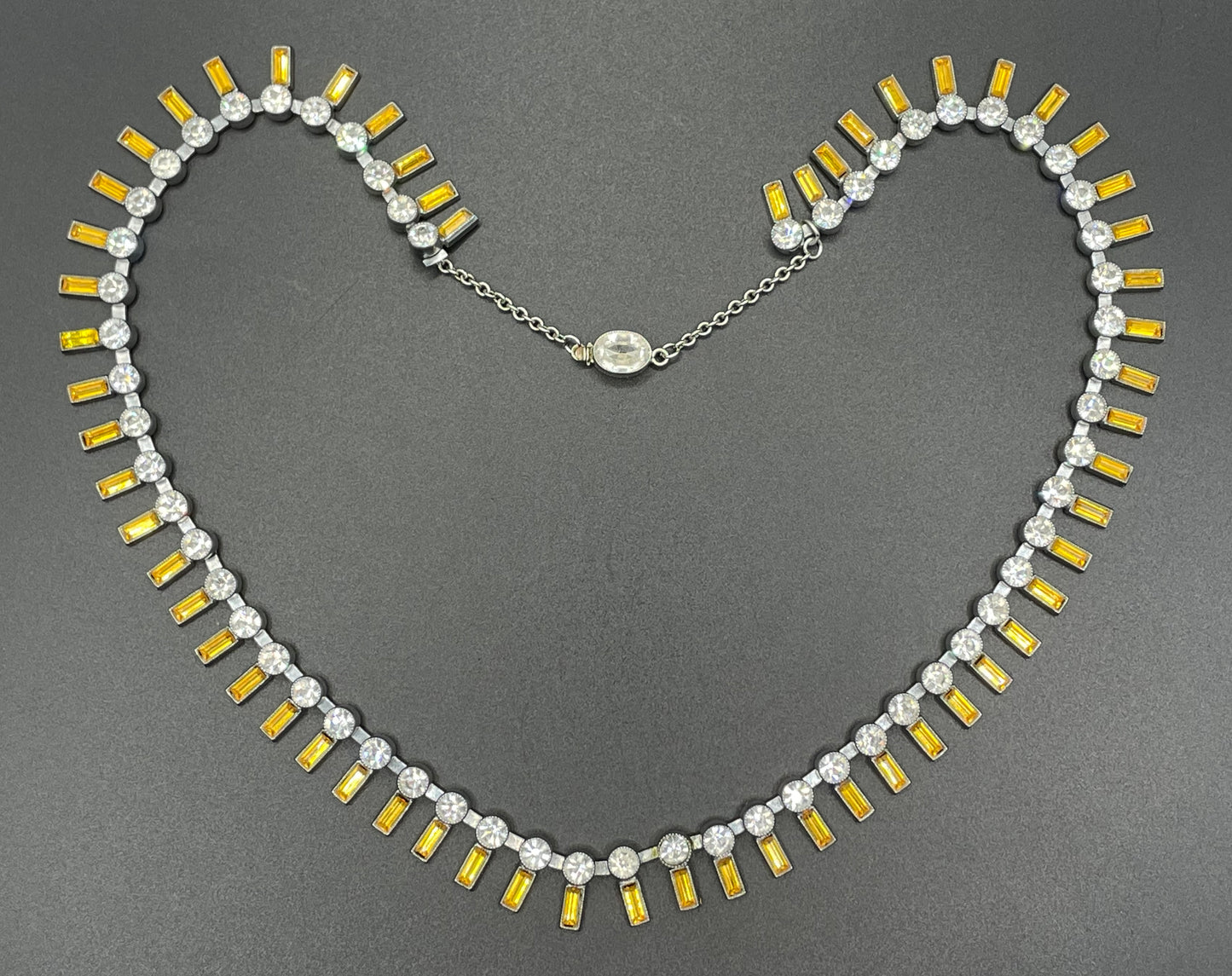 Vintage Art Deco Czech citrine yellow and clear crystal paste and shiny silver tone riviere necklace, collet set rhinestones, lovely clasp