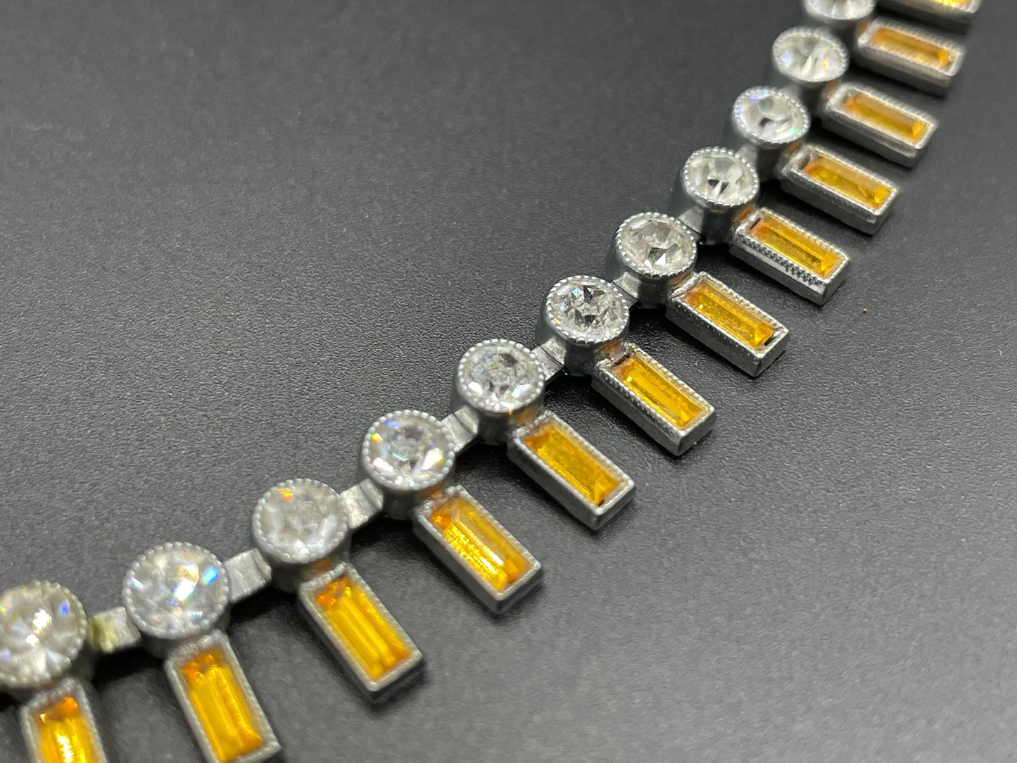 Vintage Art Deco Czech citrine yellow and clear crystal paste and shiny silver tone riviere necklace, collet set rhinestones, lovely clasp