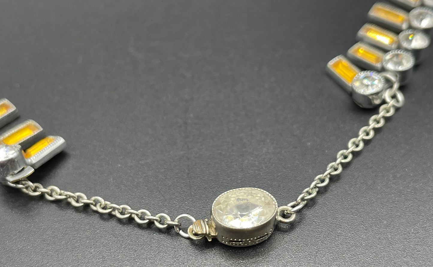 Vintage Art Deco Czech citrine yellow and clear crystal paste and shiny silver tone riviere necklace, collet set rhinestones, lovely clasp
