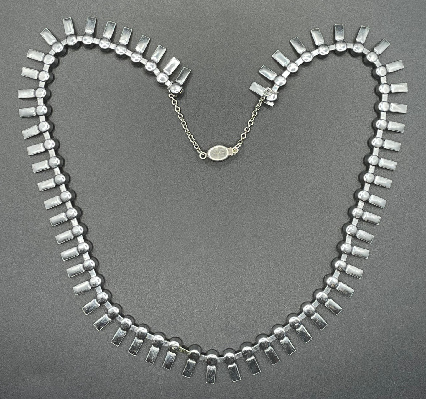 Vintage Art Deco Czech citrine yellow and clear crystal paste and shiny silver tone riviere necklace, collet set rhinestones, lovely clasp