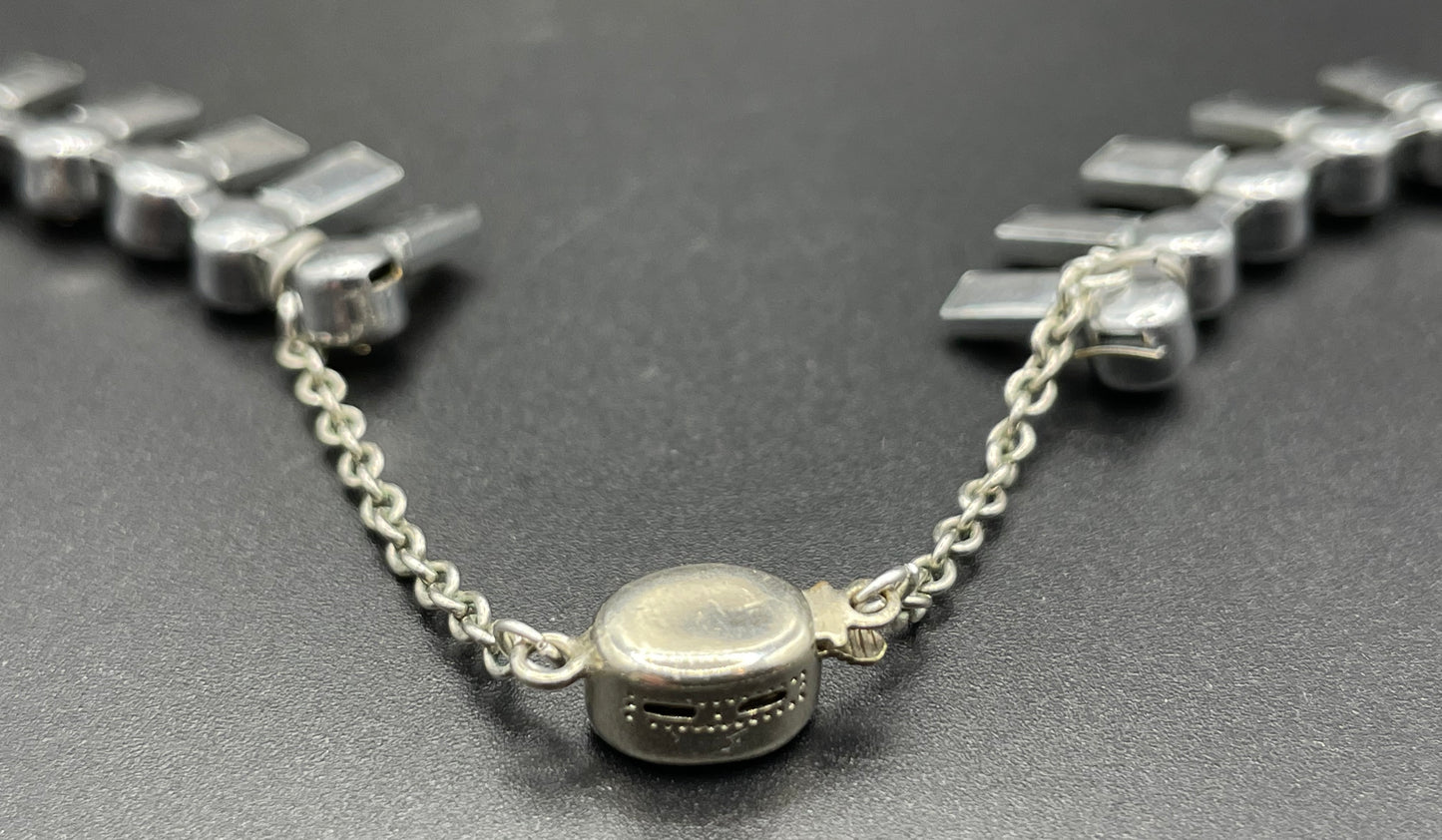 Vintage Art Deco Czech citrine yellow and clear crystal paste and shiny silver tone riviere necklace, collet set rhinestones, lovely clasp