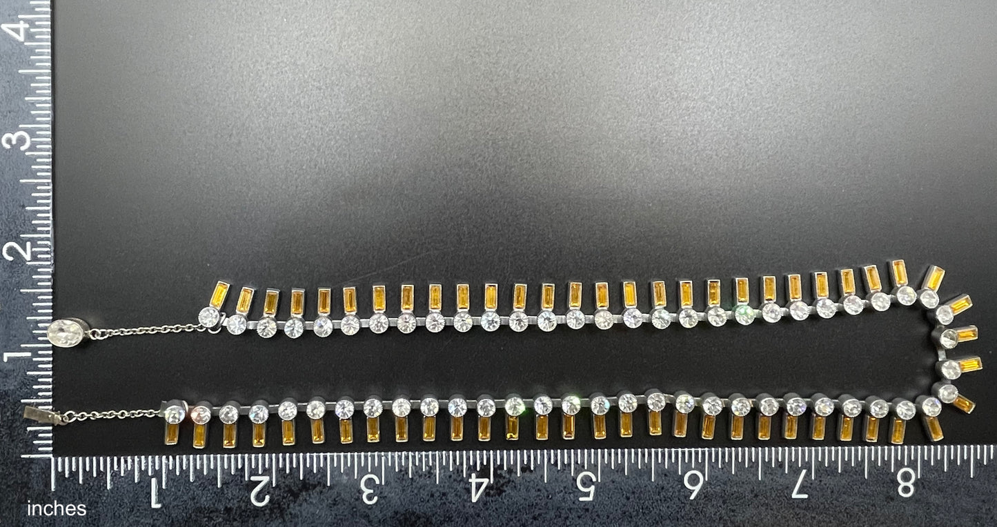 Vintage Art Deco Czech citrine yellow and clear crystal paste and shiny silver tone riviere necklace, collet set rhinestones, lovely clasp