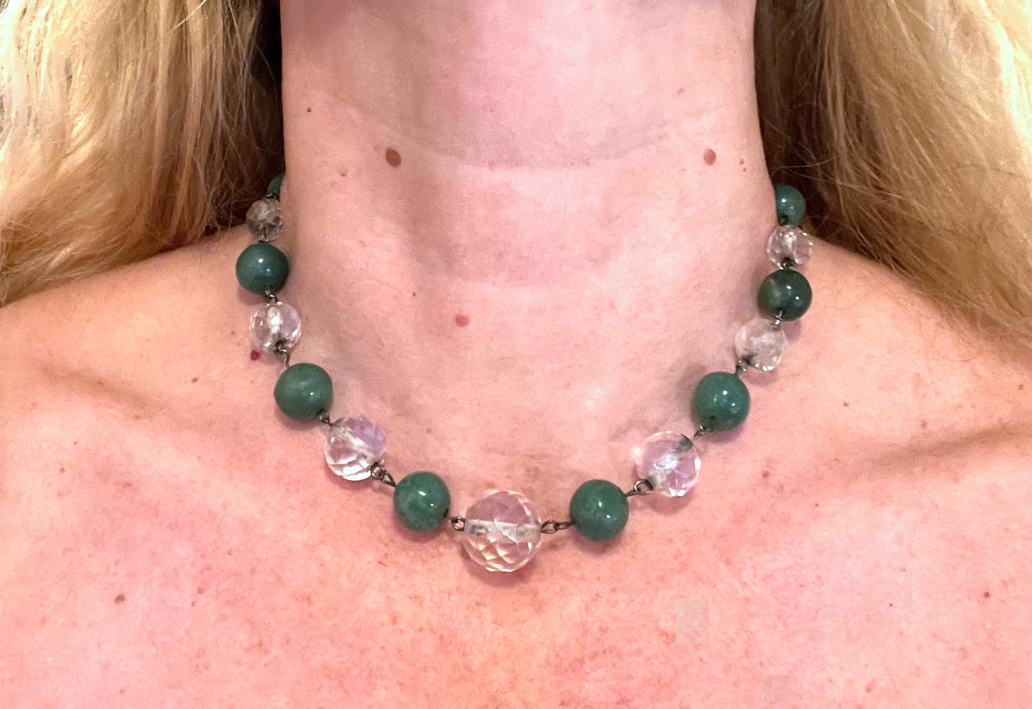 Vintage Art Deco green jade gemstone round bead and clear glass OR rock crystal faceted bead necklace, beehive clasp, wired beads