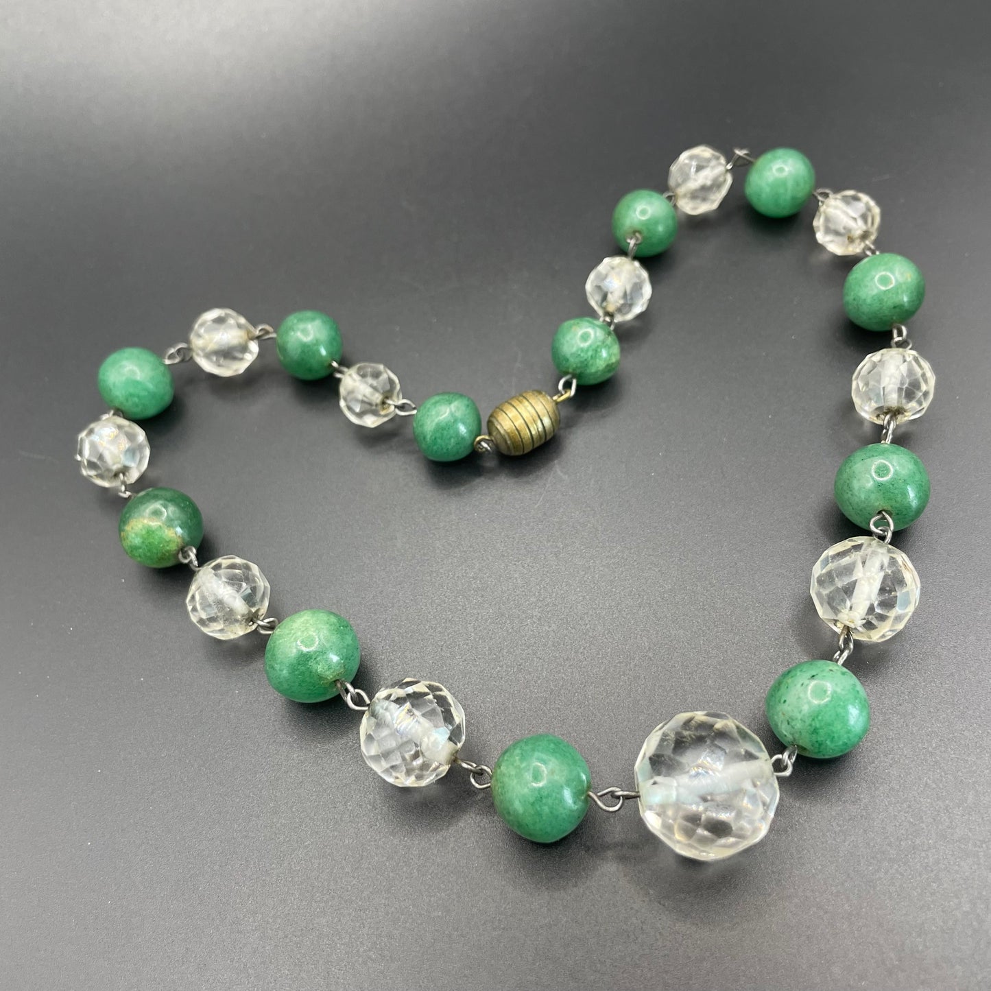 Vintage Art Deco green jade gemstone round bead and clear glass OR rock crystal faceted bead necklace, beehive clasp, wired beads
