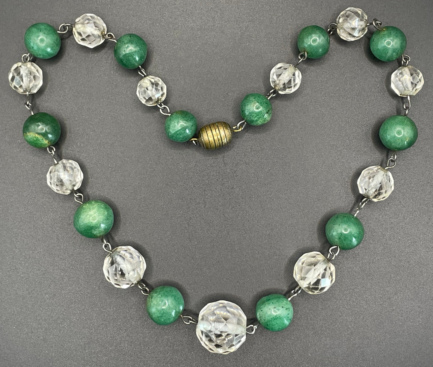 Vintage Art Deco green jade gemstone round bead and clear glass OR rock crystal faceted bead necklace, beehive clasp, wired beads