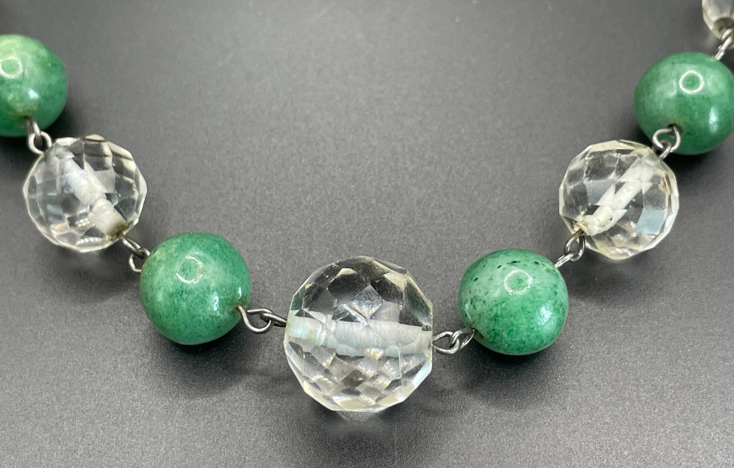 Vintage Art Deco green jade gemstone round bead and clear glass OR rock crystal faceted bead necklace, beehive clasp, wired beads