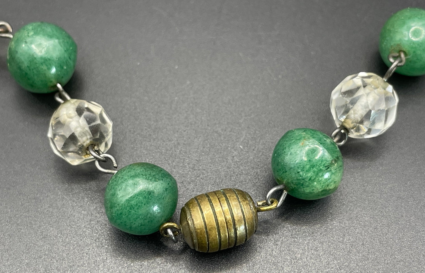 Vintage Art Deco green jade gemstone round bead and clear glass OR rock crystal faceted bead necklace, beehive clasp, wired beads