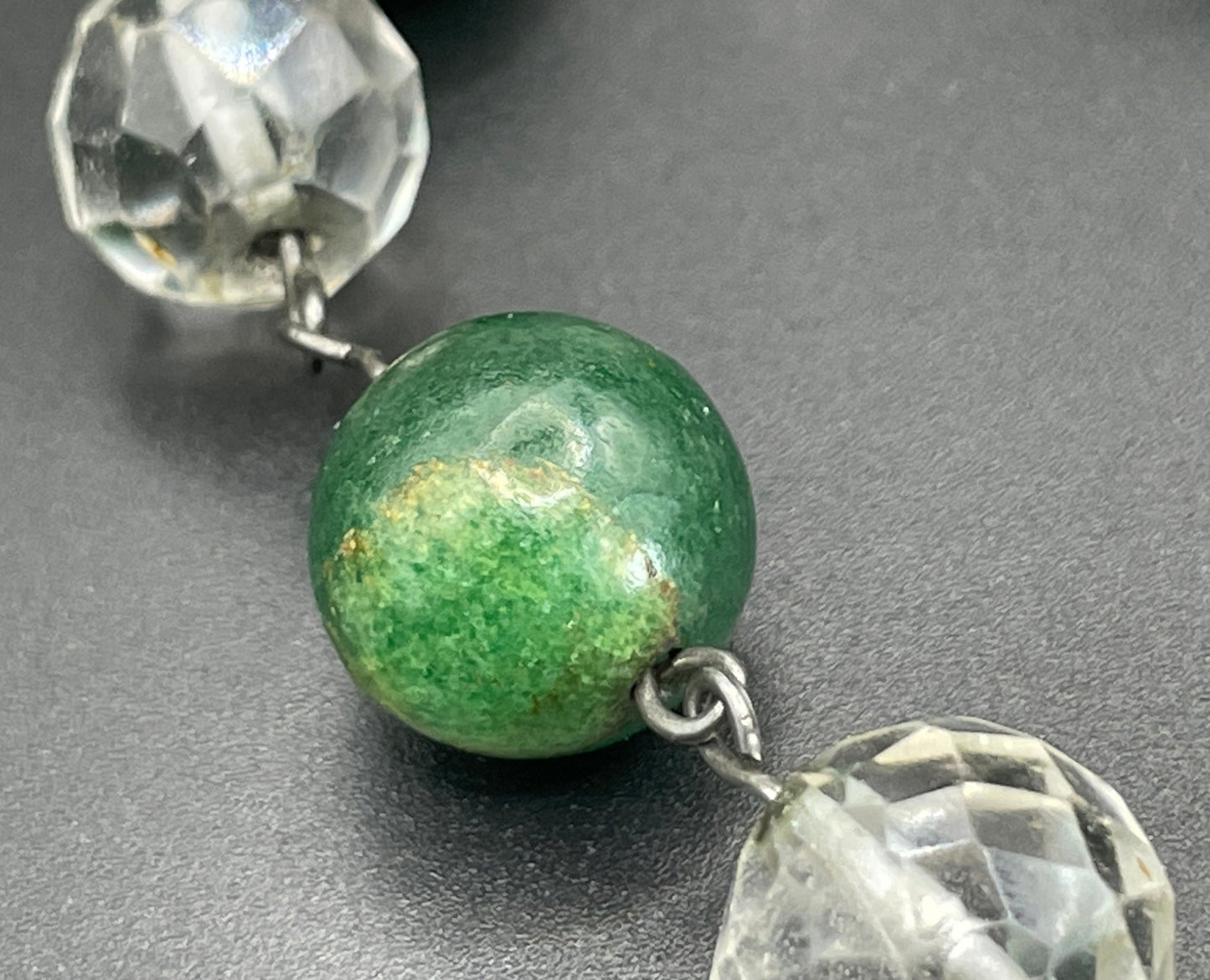 Vintage Art Deco green jade gemstone round bead and clear glass OR rock crystal faceted bead necklace, beehive clasp, wired beads