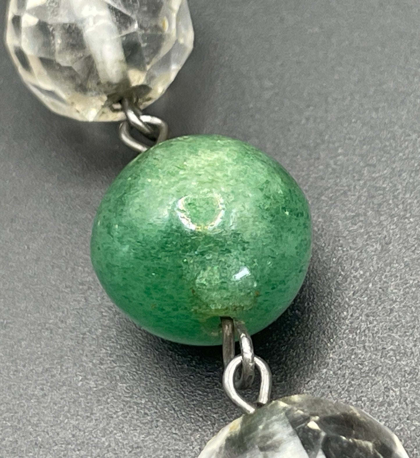 Vintage Art Deco green jade gemstone round bead and clear glass OR rock crystal faceted bead necklace, beehive clasp, wired beads