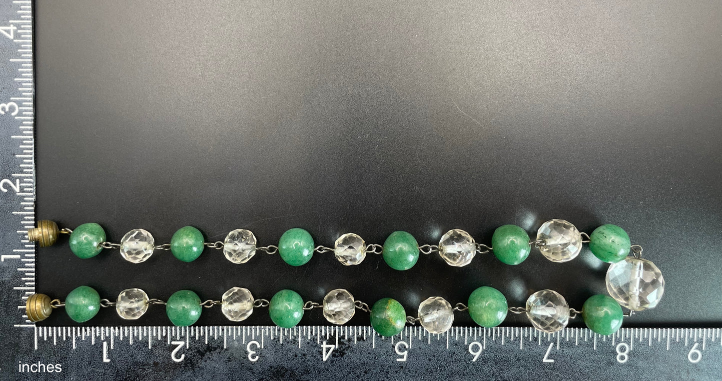 Vintage Art Deco green jade gemstone round bead and clear glass OR rock crystal faceted bead necklace, beehive clasp, wired beads