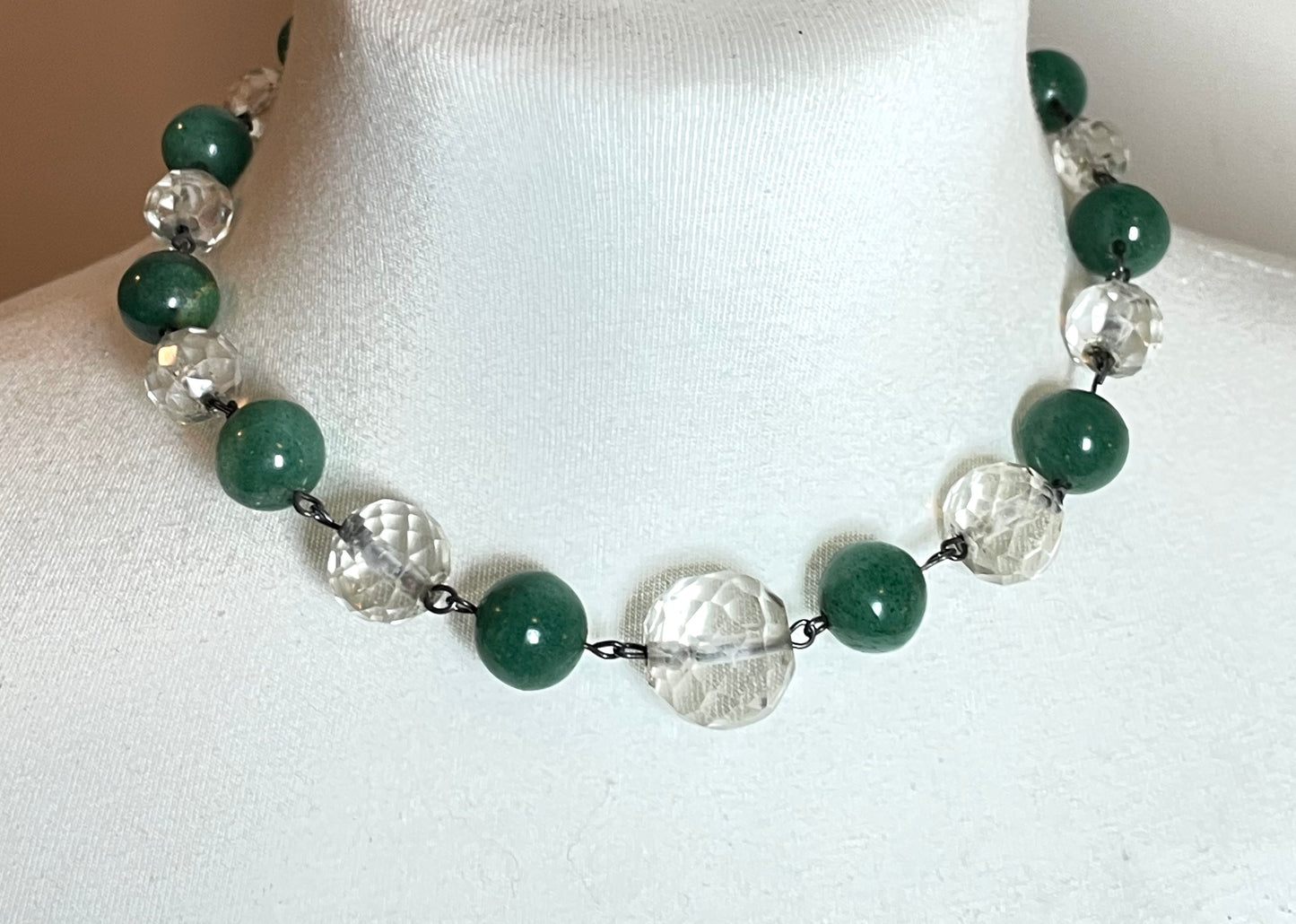 Vintage Art Deco green jade gemstone round bead and clear glass OR rock crystal faceted bead necklace, beehive clasp, wired beads