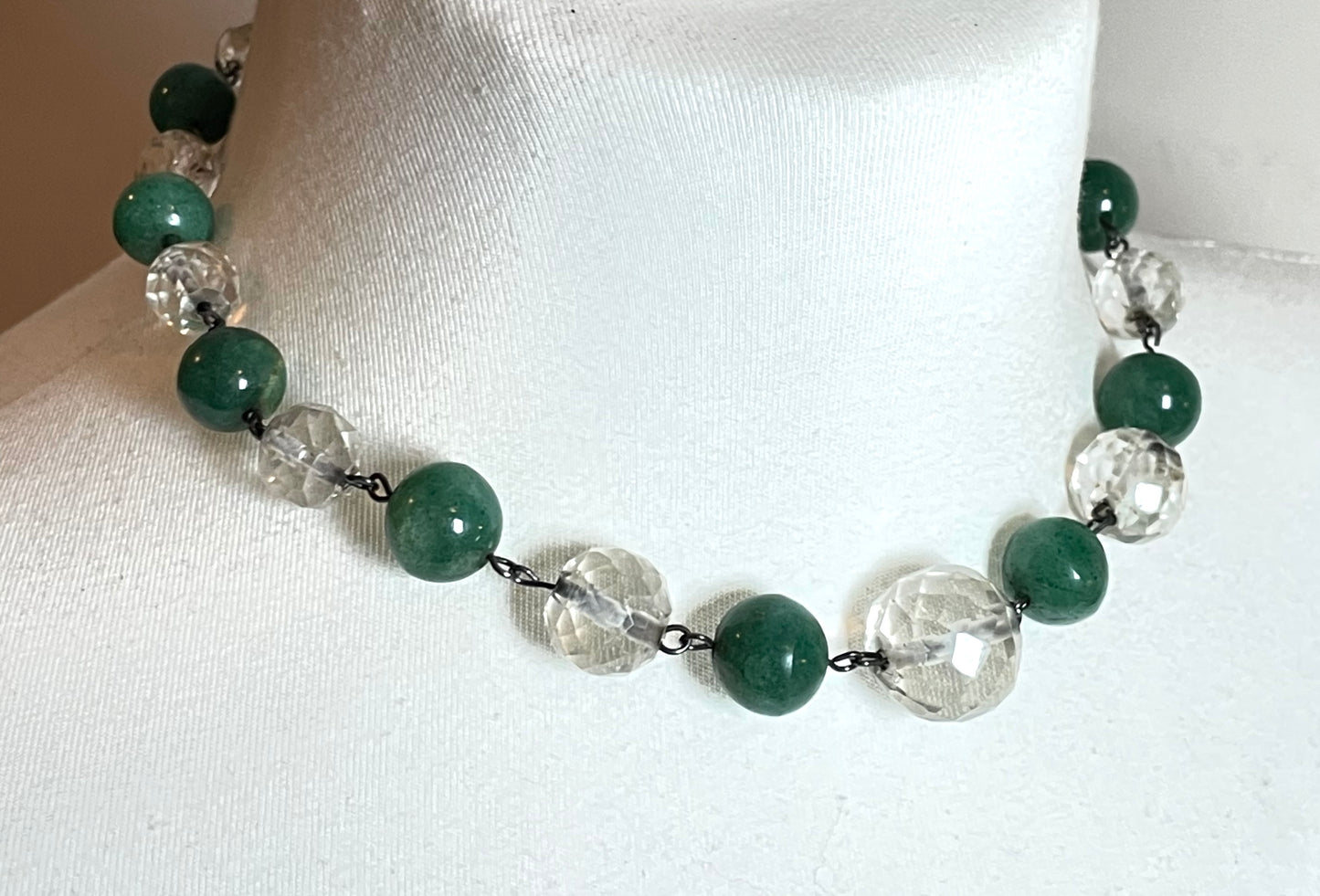 Vintage Art Deco green jade gemstone round bead and clear glass OR rock crystal faceted bead necklace, beehive clasp, wired beads