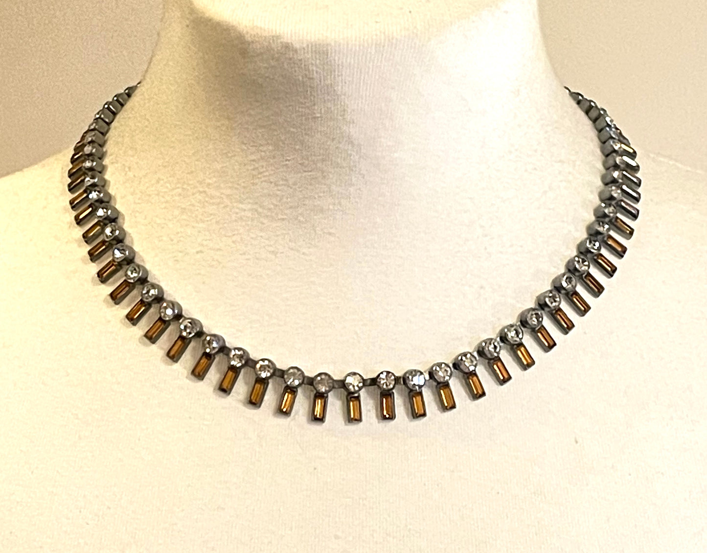 Vintage Art Deco Czech citrine yellow and clear crystal paste and shiny silver tone riviere necklace, collet set rhinestones, lovely clasp