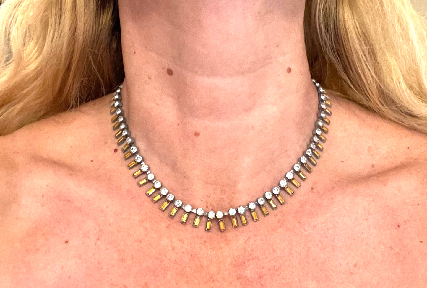 Vintage Art Deco Czech citrine yellow and clear crystal paste and shiny silver tone riviere necklace, collet set rhinestones, lovely clasp