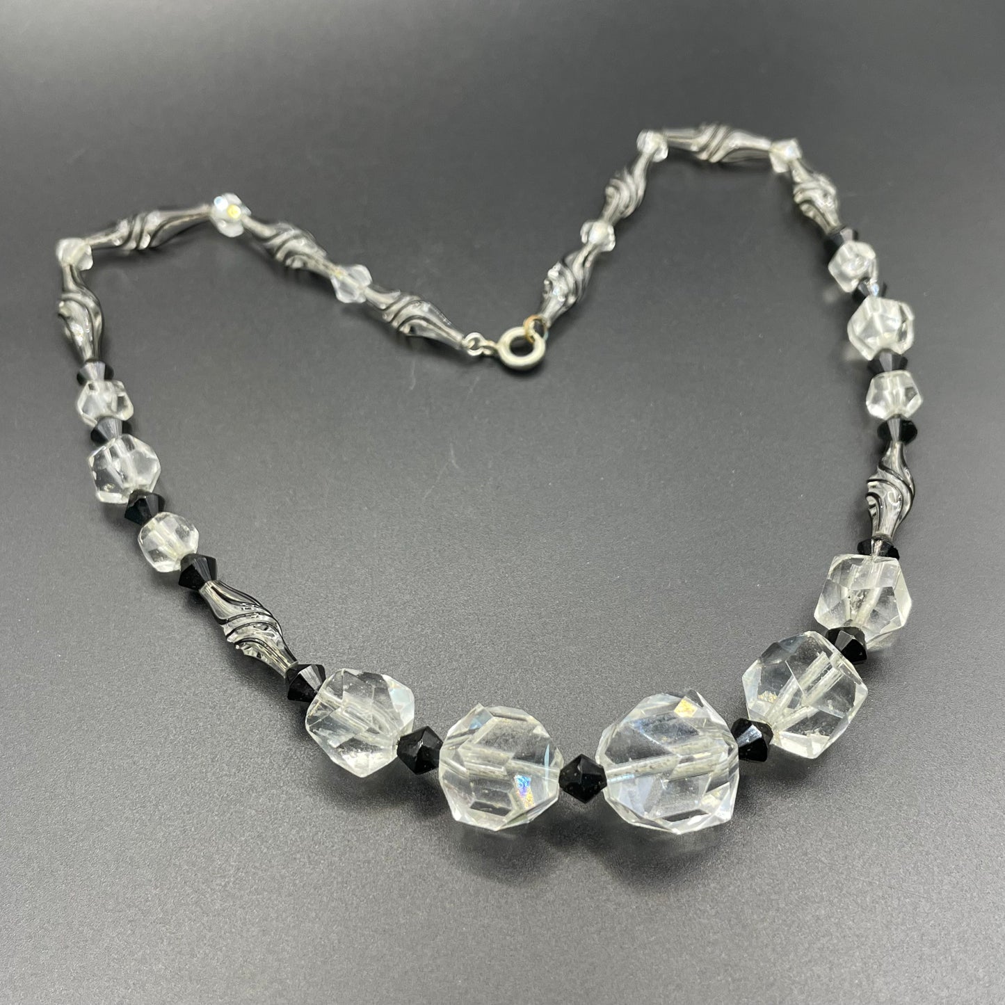 Vintage Art Deco clear and black crystal faceted and moulded/poured glass bead necklace, beautifully crafted beads on foxtail chain