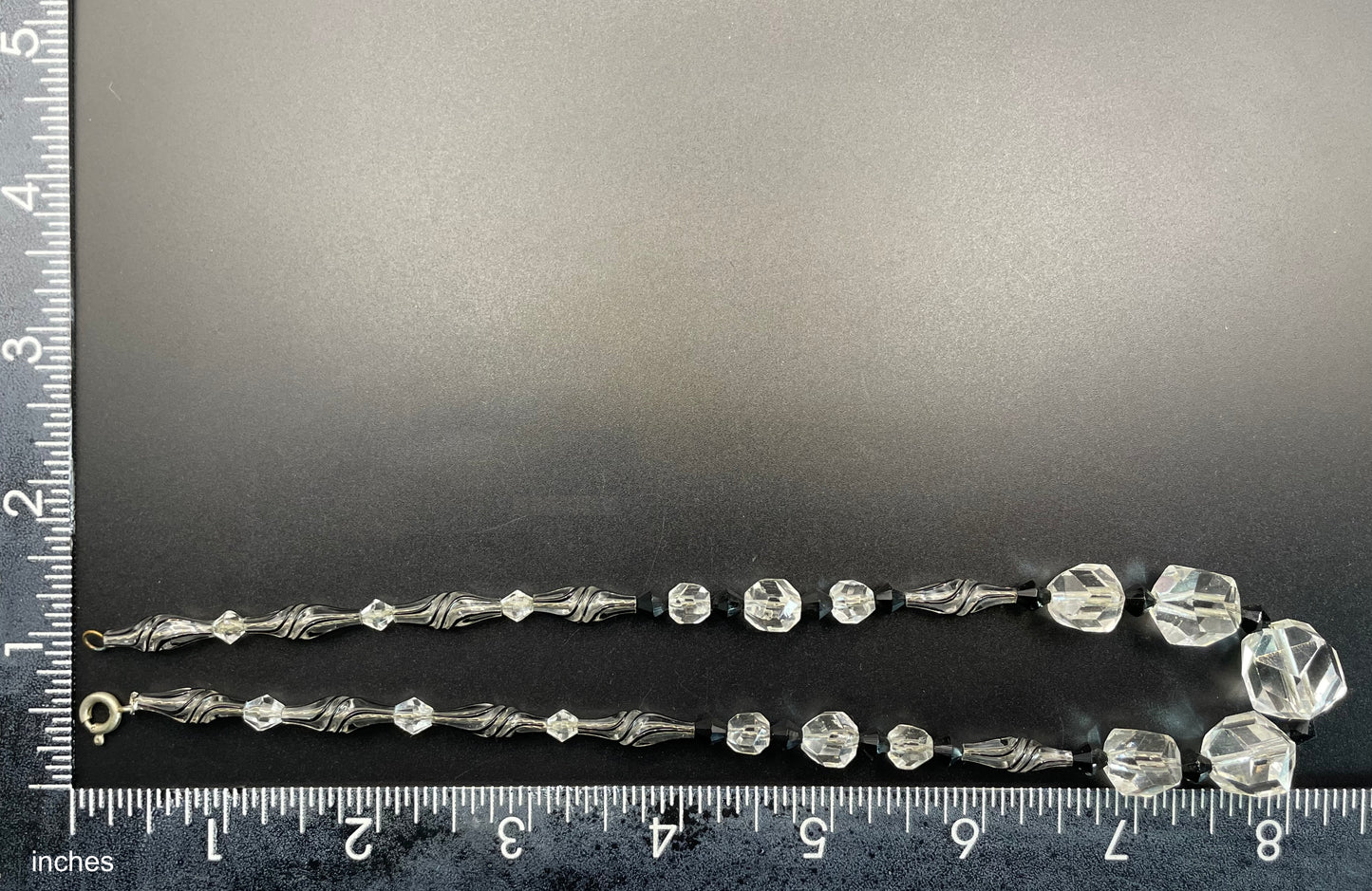 Vintage Art Deco clear and black crystal faceted and moulded/poured glass bead necklace, beautifully crafted beads on foxtail chain