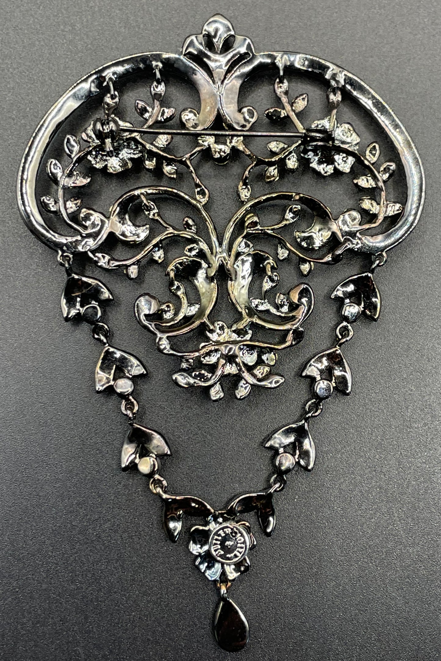 Large vintage Butler and Wilson (B&W) signed blackened silver tone and black French jet rhinestone ornate festoon 'stomacher' brooch