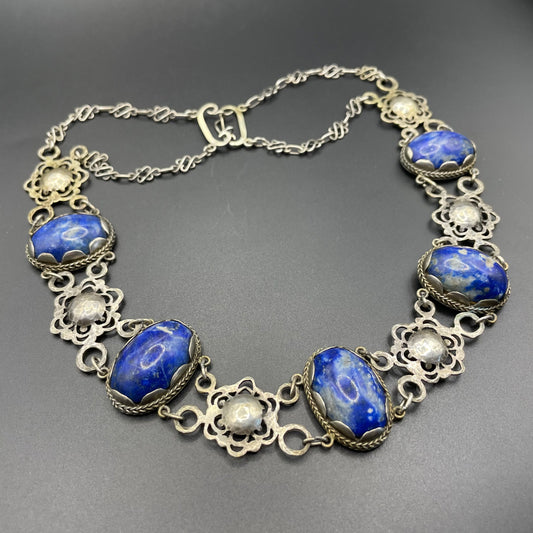 Vintage unmarked solid silver, blue lapis lazuli cabochon Arts & Crafts, handmade necklace, beautiful hammered silver and fancy chain work
