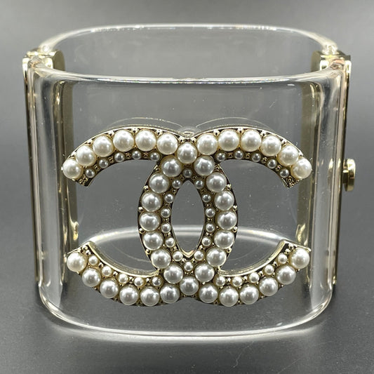 Vintage Chanel CC logo cuff bangle with clear perspex, faux pearl and gold tone, 2018 design