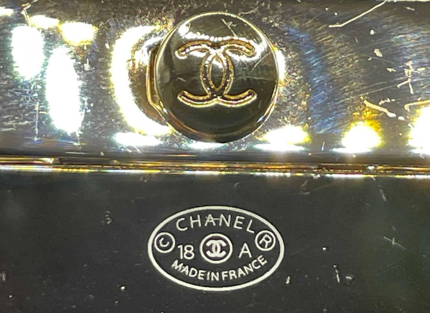 Vintage Chanel CC logo cuff bangle with clear perspex, faux pearl and gold tone, 2018 design