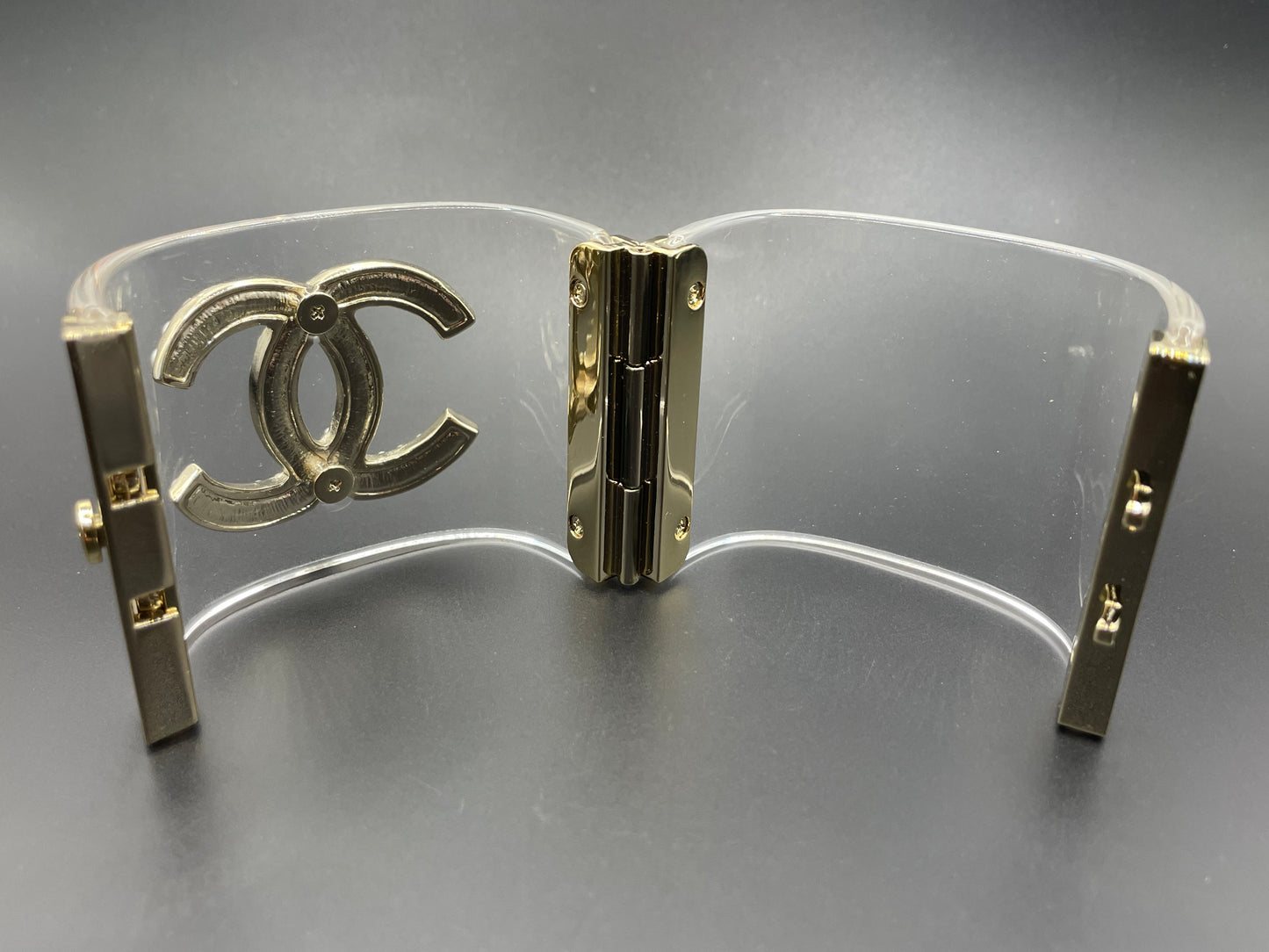 Vintage Chanel CC logo cuff bangle with clear perspex, faux pearl and gold tone, 2018 design