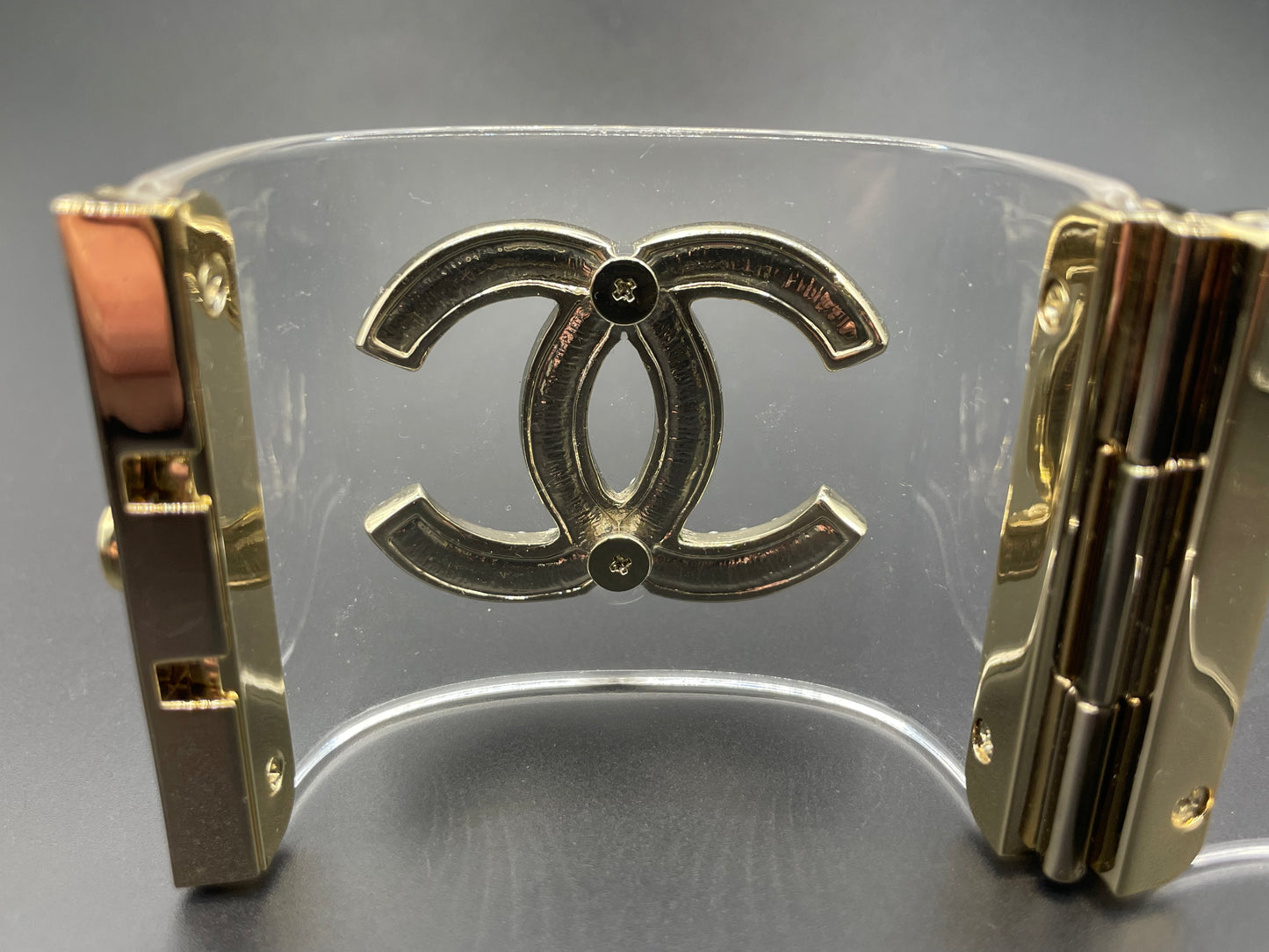 Vintage Chanel CC logo cuff bangle with clear perspex, faux pearl and gold tone, 2018 design
