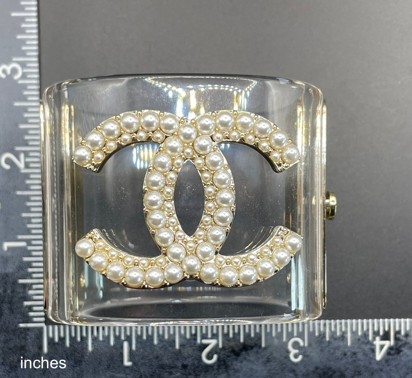 Vintage Chanel CC logo cuff bangle with clear perspex, faux pearl and gold tone, 2018 design