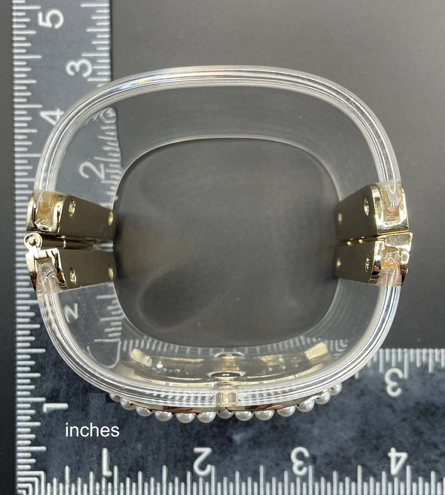 Vintage Chanel CC logo cuff bangle with clear perspex, faux pearl and gold tone, 2018 design