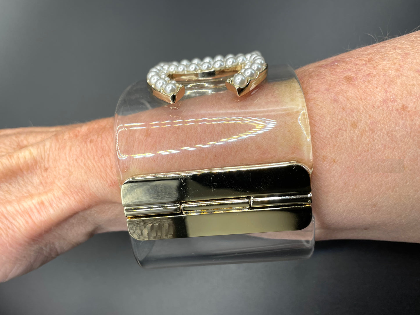 Vintage Chanel CC logo cuff bangle with clear perspex, faux pearl and gold tone, 2018 design