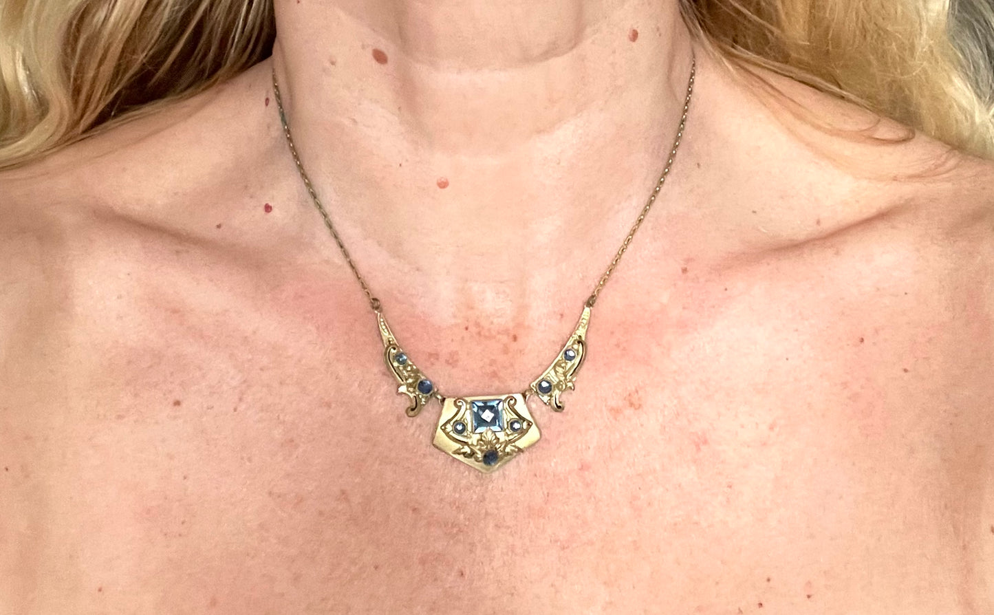 Vintage Neiger brothers sapphire blue rhinestone ornate Art Deco necklace and screw back earrings set in gold tone