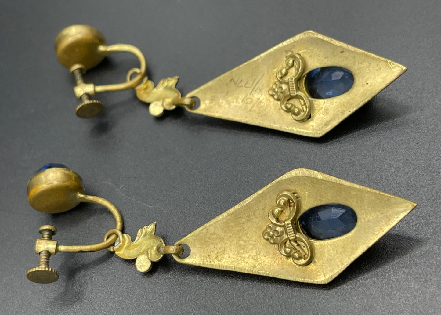 Vintage Neiger brothers sapphire blue rhinestone ornate Art Deco necklace and screw back earrings set in gold tone