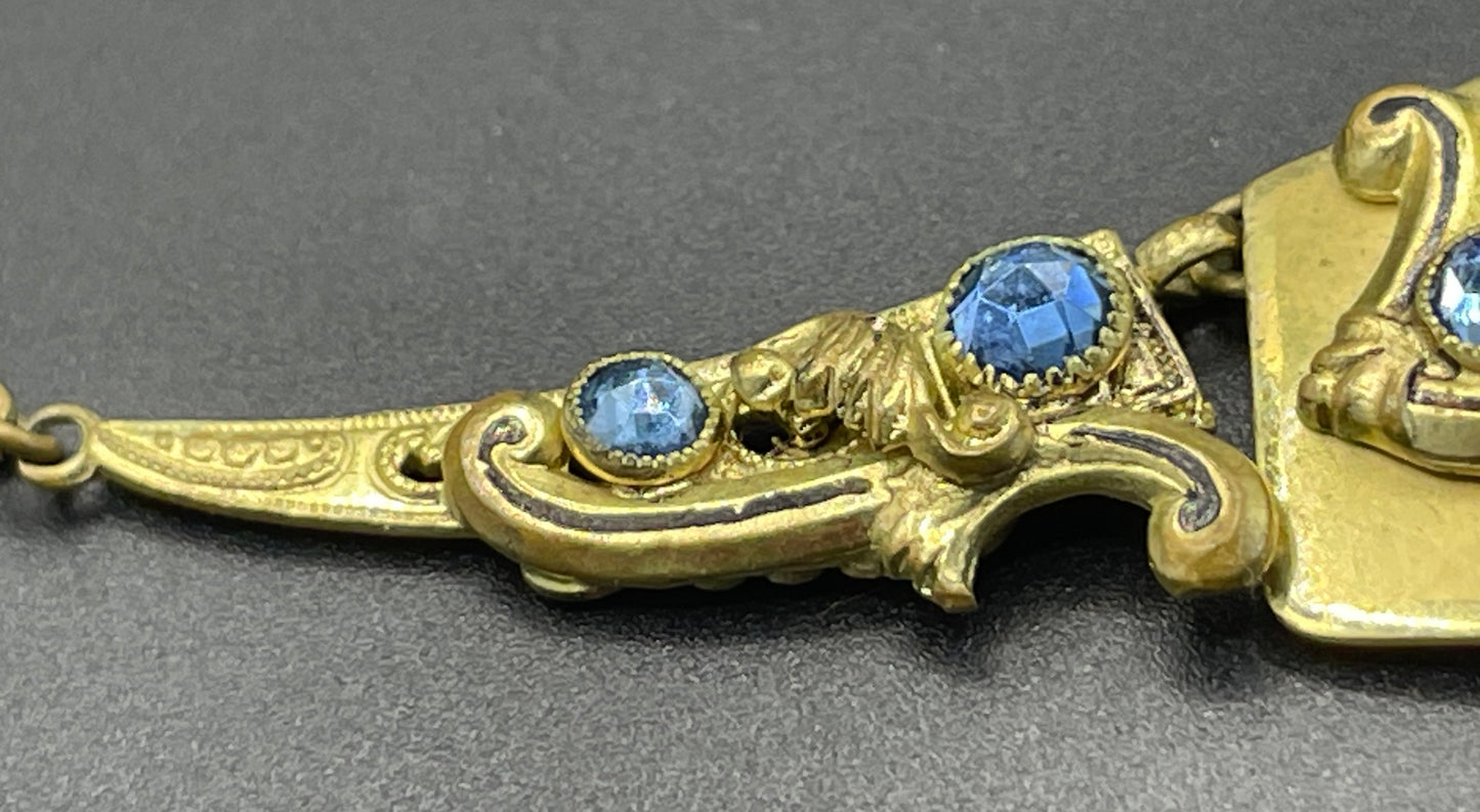 Vintage Neiger brothers sapphire blue rhinestone ornate Art Deco necklace and screw back earrings set in gold tone