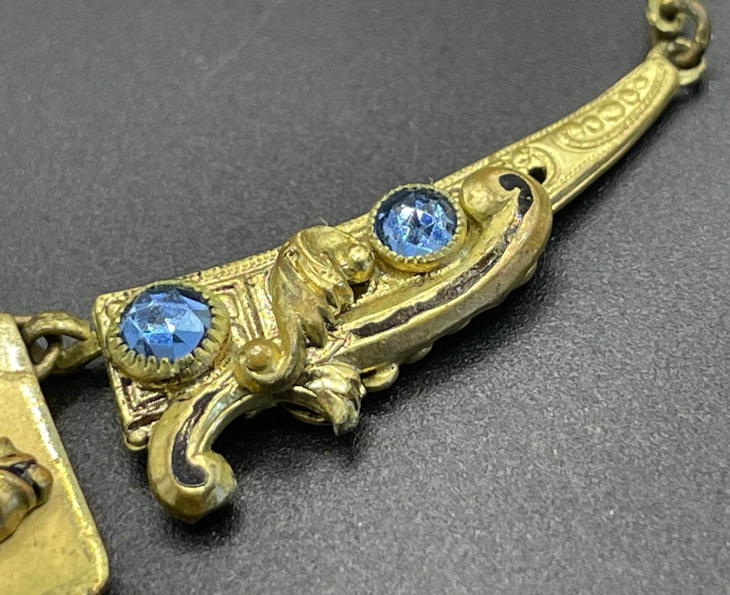 Vintage Neiger brothers sapphire blue rhinestone ornate Art Deco necklace and screw back earrings set in gold tone