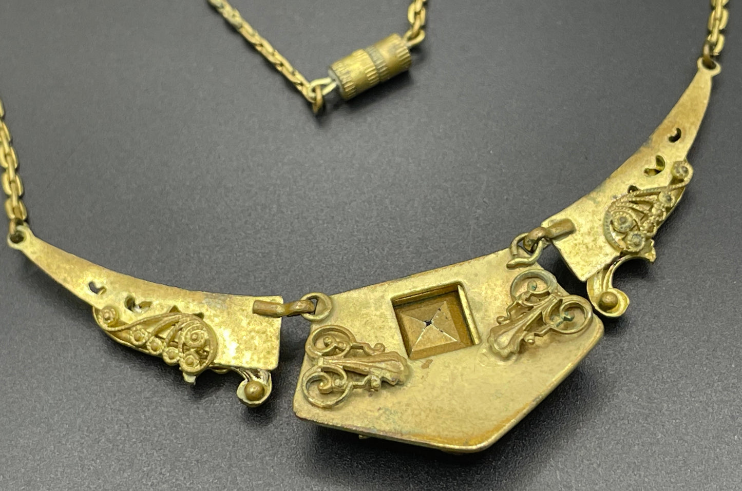 Vintage Neiger brothers sapphire blue rhinestone ornate Art Deco necklace and screw back earrings set in gold tone