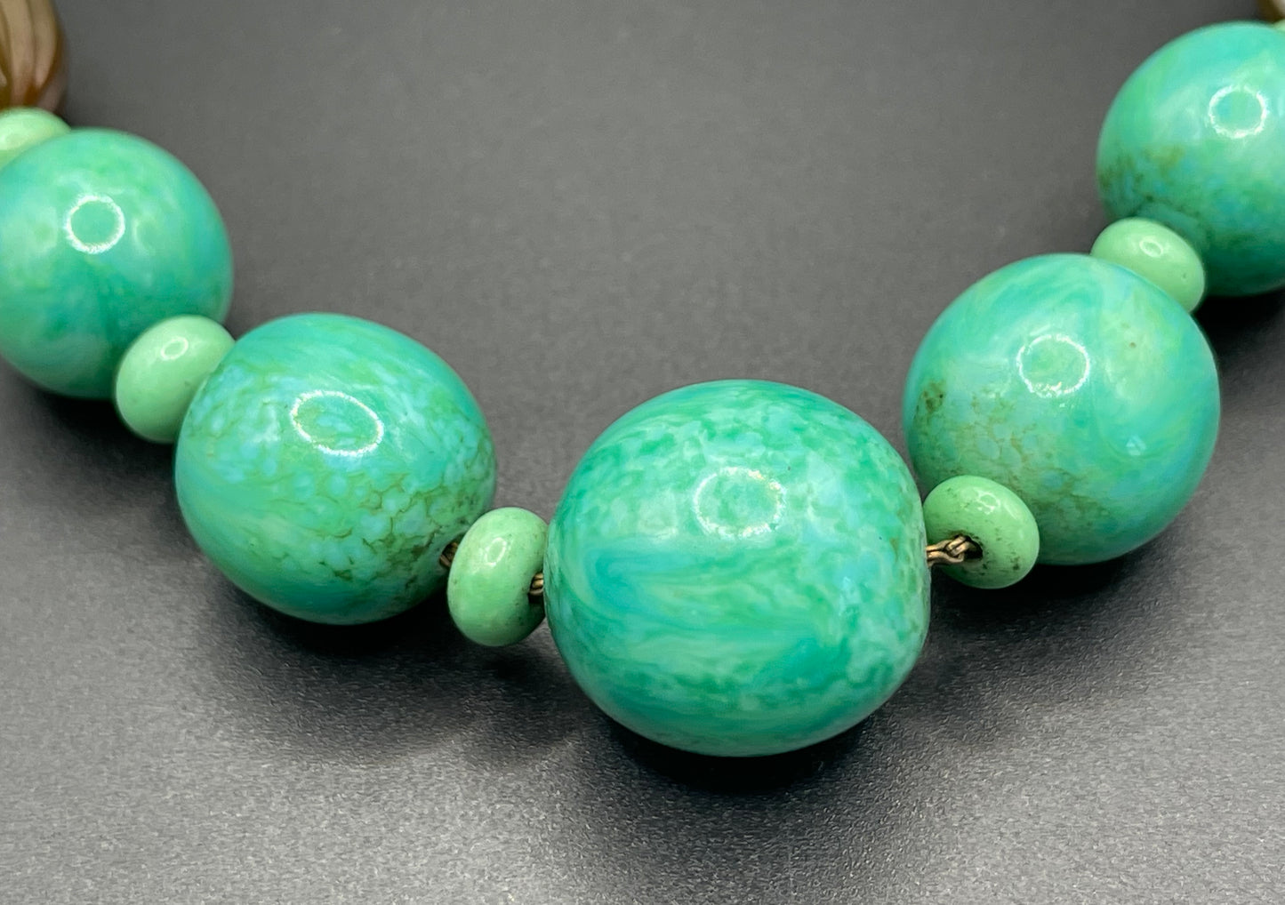 Vintage Louis Rousselet Art Deco green Peking style glass and carved galalith bead necklace, Made in France beehive clasp, foxtail chain