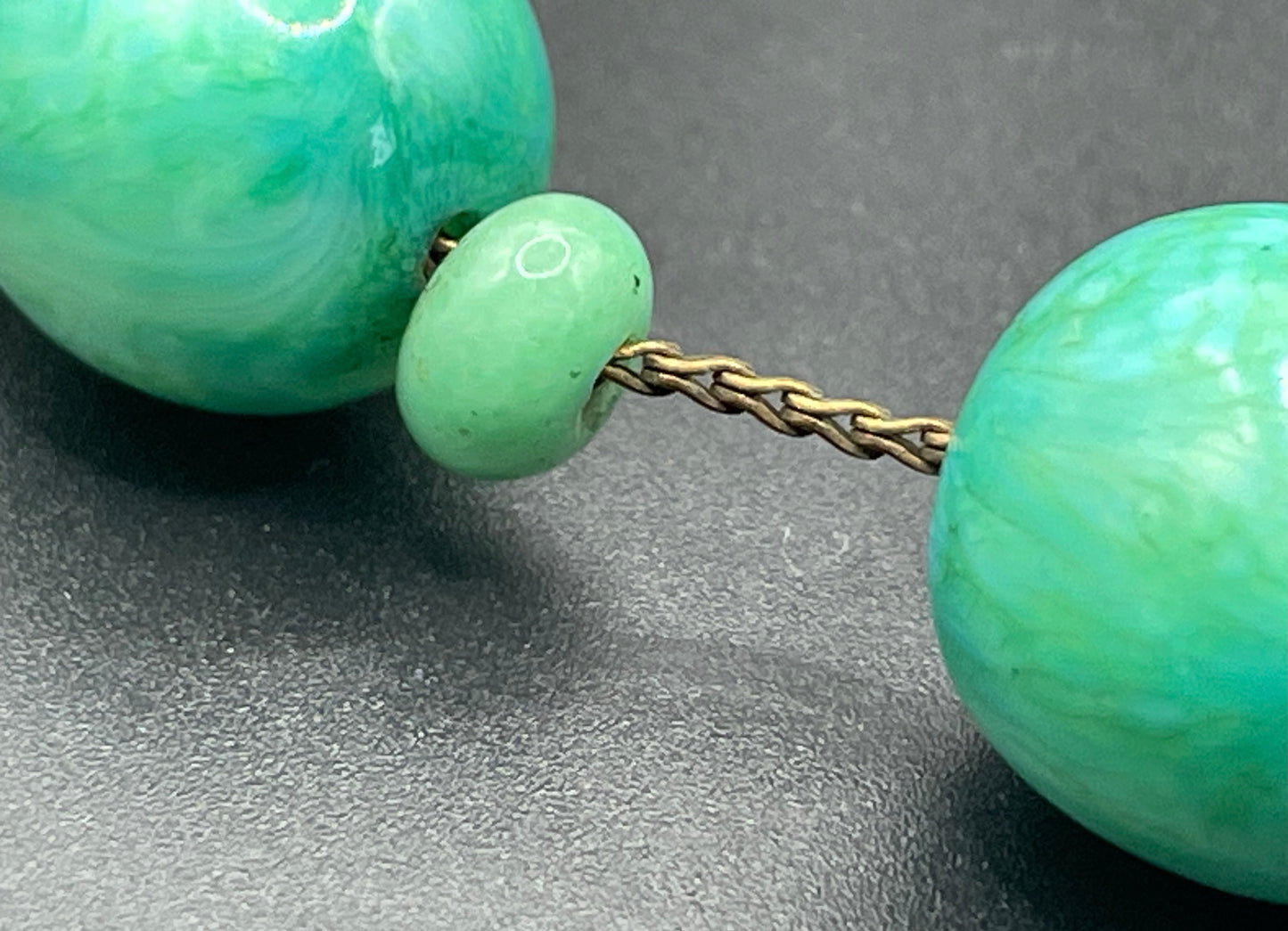 Vintage Louis Rousselet Art Deco green Peking style glass and carved galalith bead necklace, Made in France beehive clasp, foxtail chain