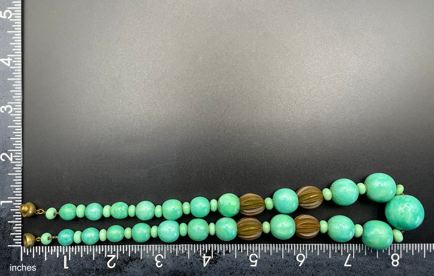 Vintage Louis Rousselet Art Deco green Peking style glass and carved galalith bead necklace, Made in France beehive clasp, foxtail chain