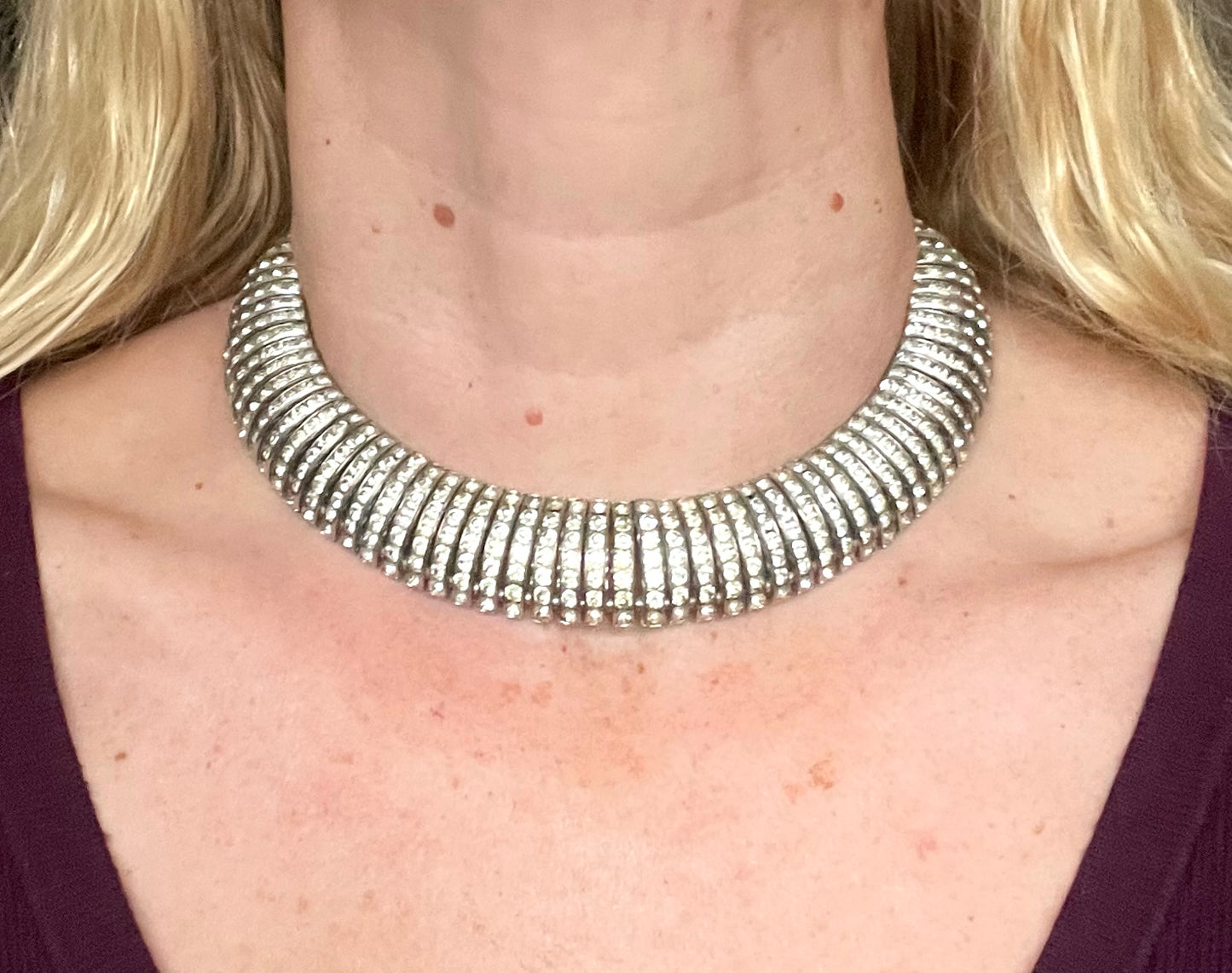 Vintage signed Butler and Wilson (B&W) Art Deco style channel set clear rhinestone collar necklace - reproduction of Schreiber and Hiller