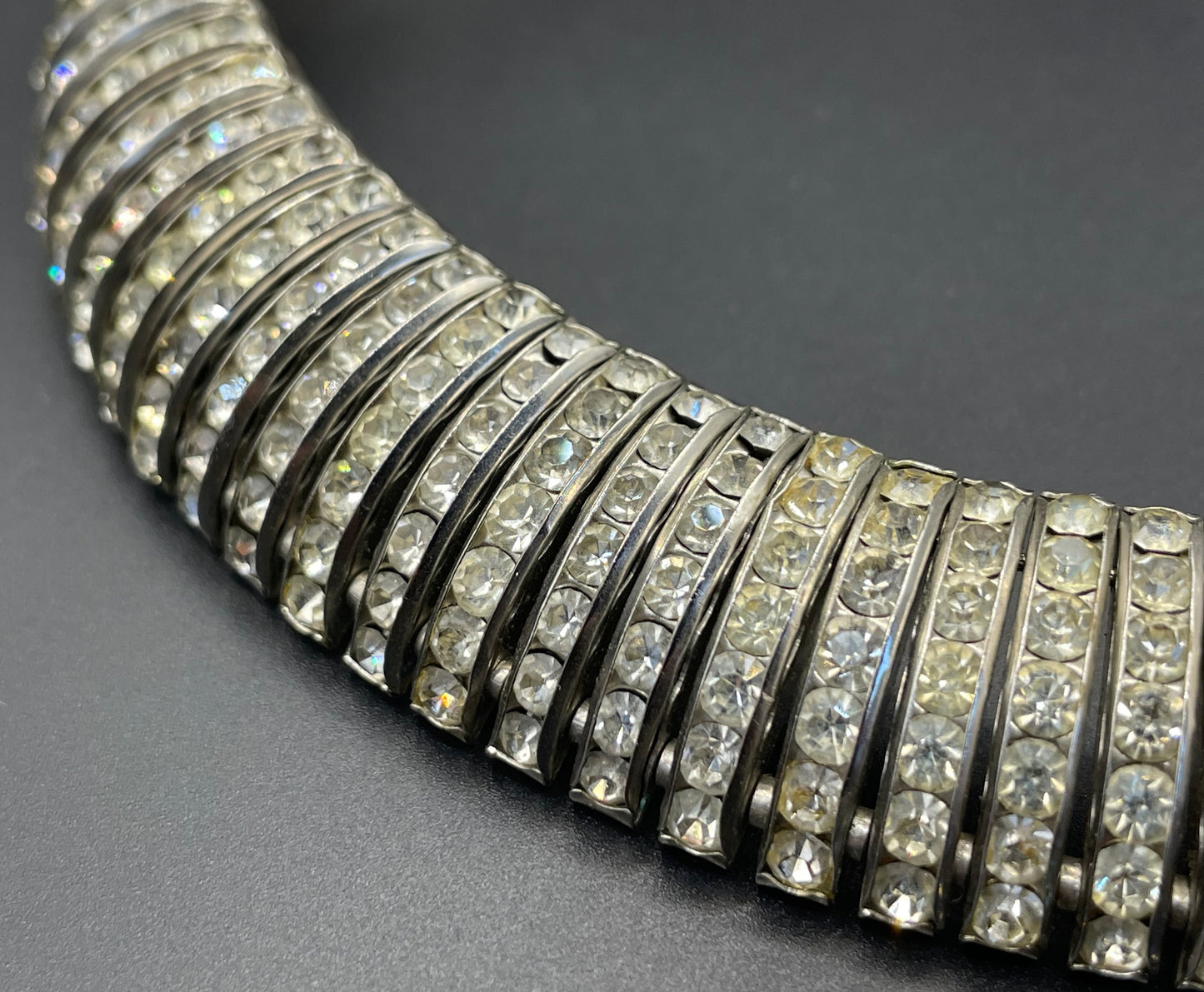 Vintage signed Butler and Wilson (B&W) Art Deco style channel set clear rhinestone collar necklace - reproduction of Schreiber and Hiller