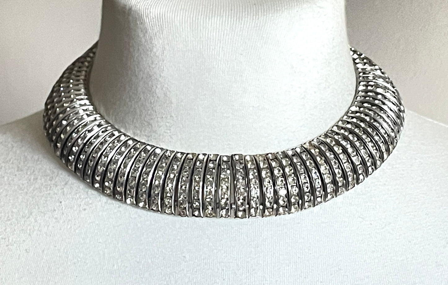 Vintage signed Butler and Wilson (B&W) Art Deco style channel set clear rhinestone collar necklace - reproduction of Schreiber and Hiller