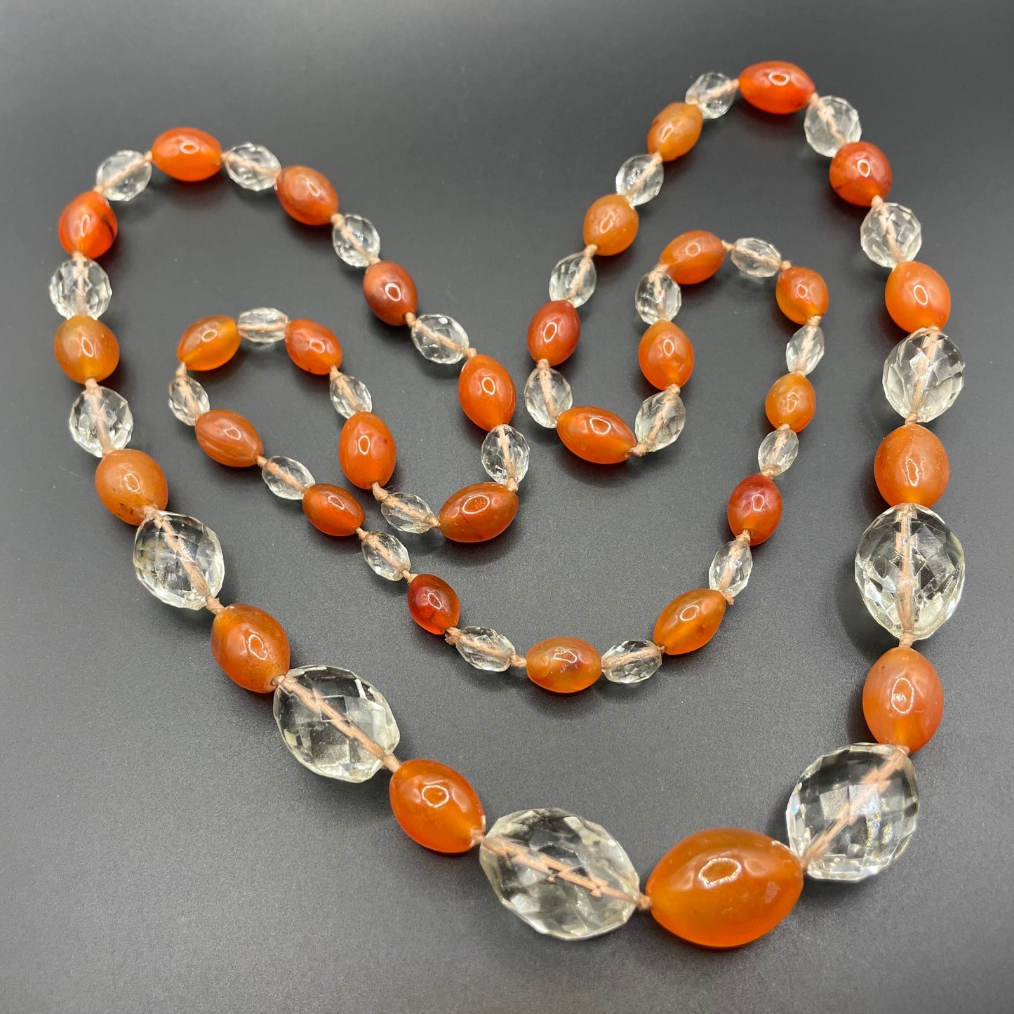 Vintage Art Deco Carnelian gemstone orange & clear glass OR rock crystal faceted bead hand knotted flapper necklace - 1920s, long and heavy
