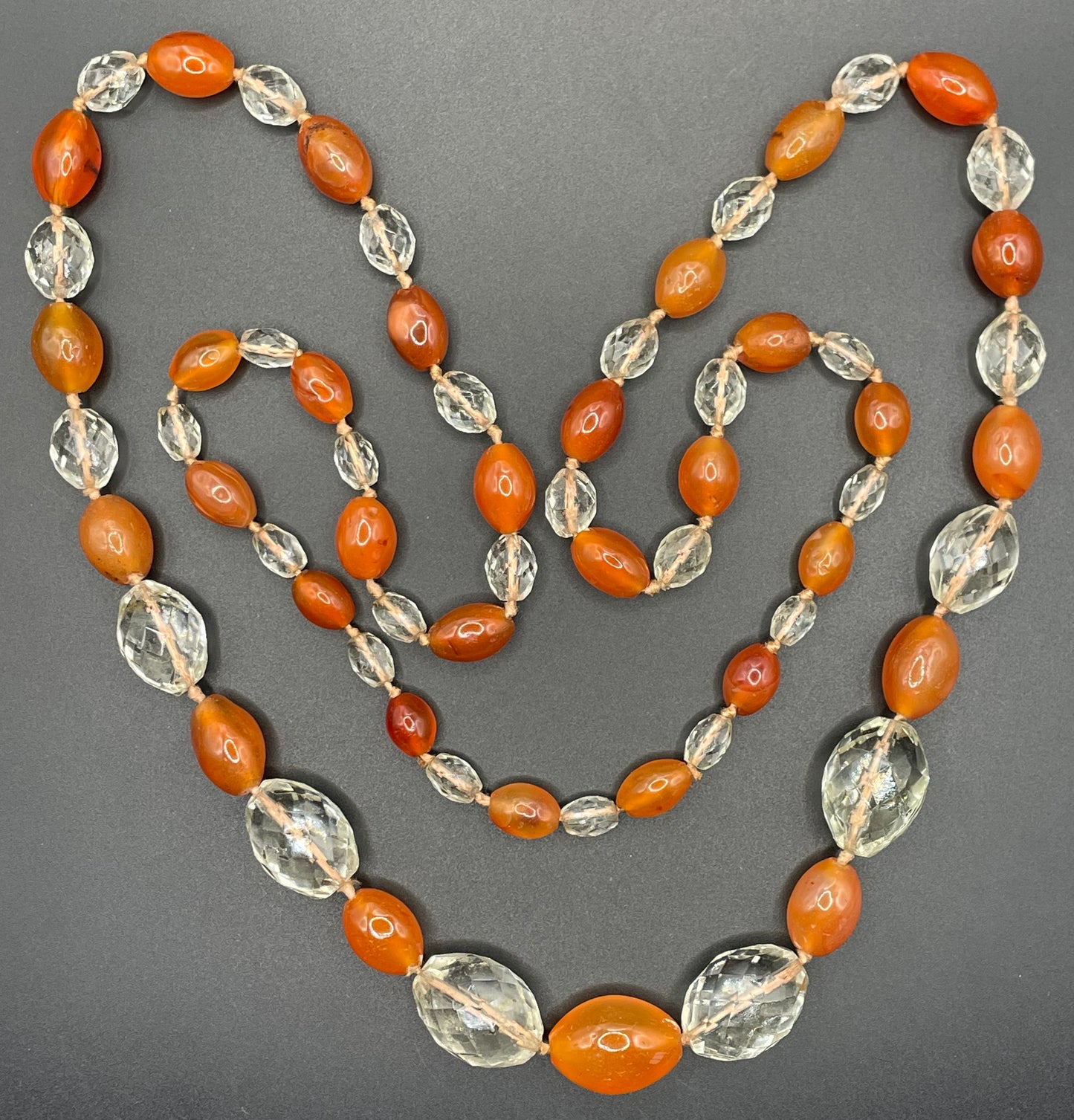 Vintage Art Deco Carnelian gemstone orange & clear glass OR rock crystal faceted bead hand knotted flapper necklace - 1920s, long and heavy