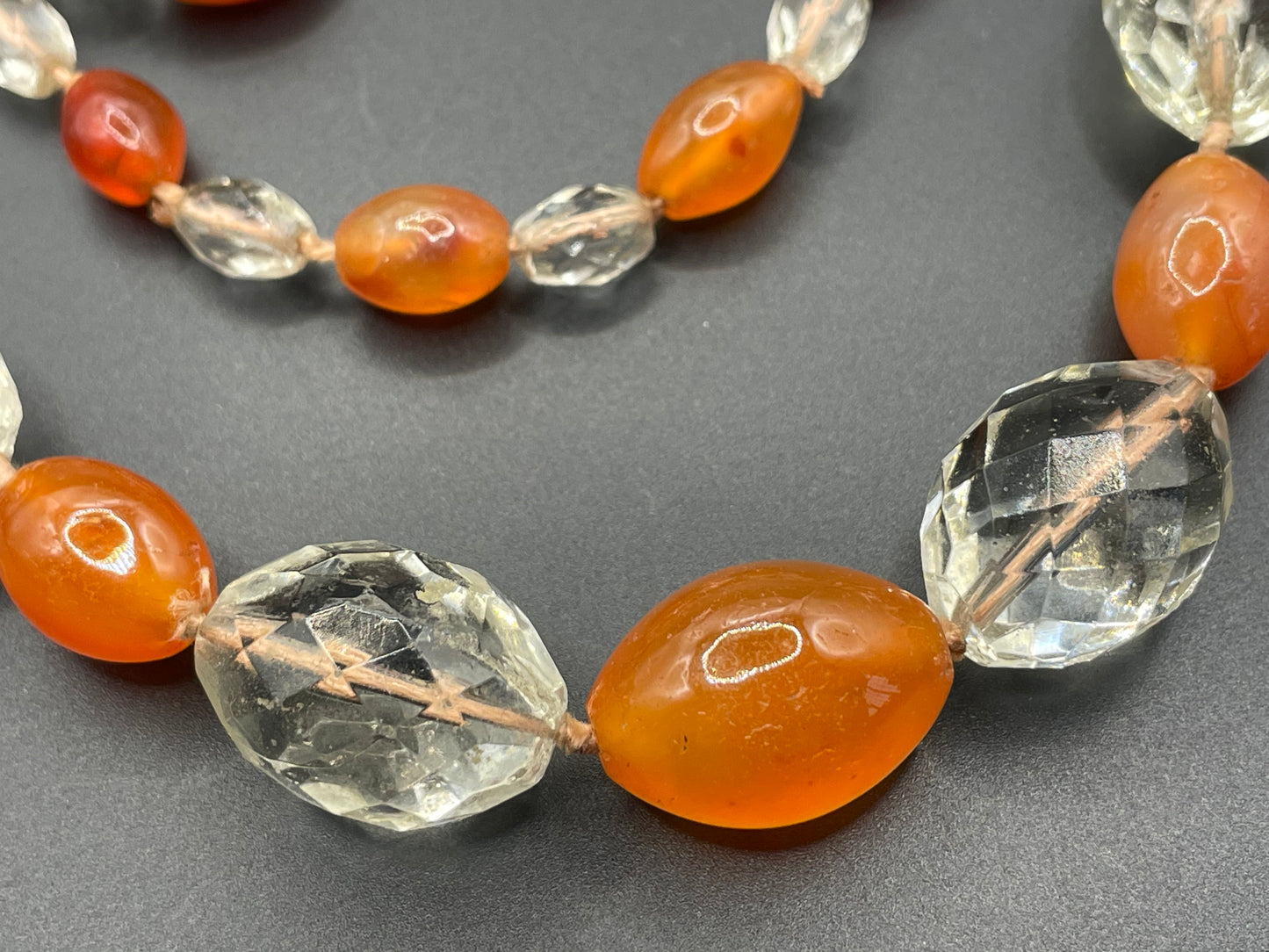 Vintage Art Deco Carnelian gemstone orange & clear glass OR rock crystal faceted bead hand knotted flapper necklace - 1920s, long and heavy