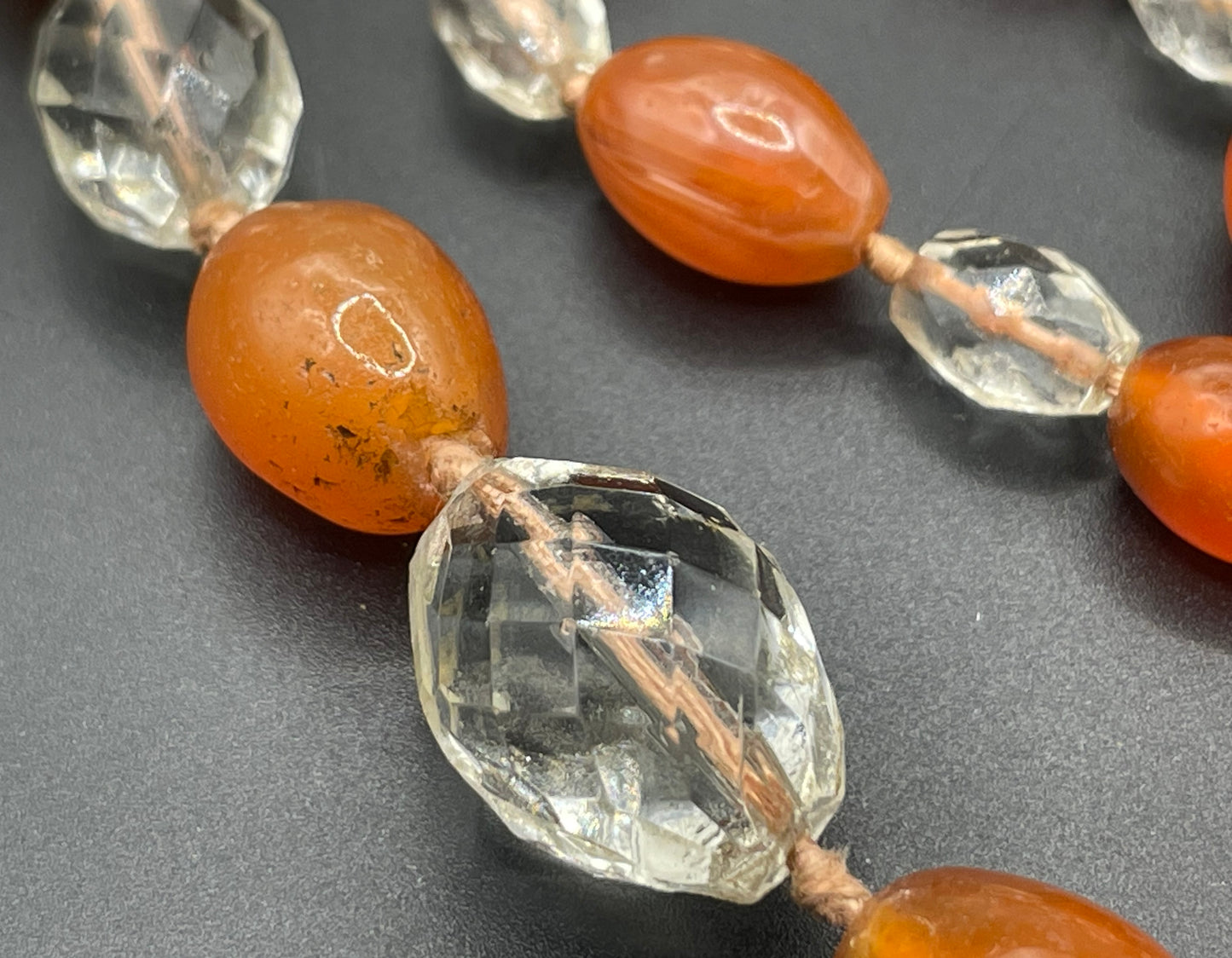 Vintage Art Deco Carnelian gemstone orange & clear glass OR rock crystal faceted bead hand knotted flapper necklace - 1920s, long and heavy