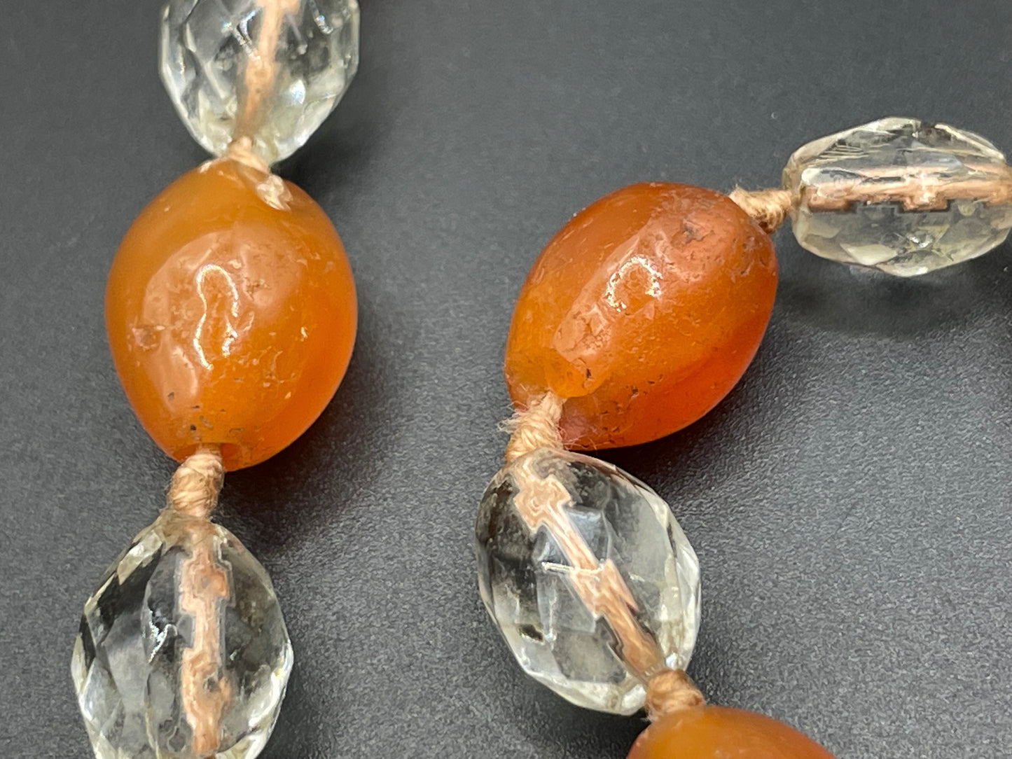 Vintage Art Deco Carnelian gemstone orange & clear glass OR rock crystal faceted bead hand knotted flapper necklace - 1920s, long and heavy