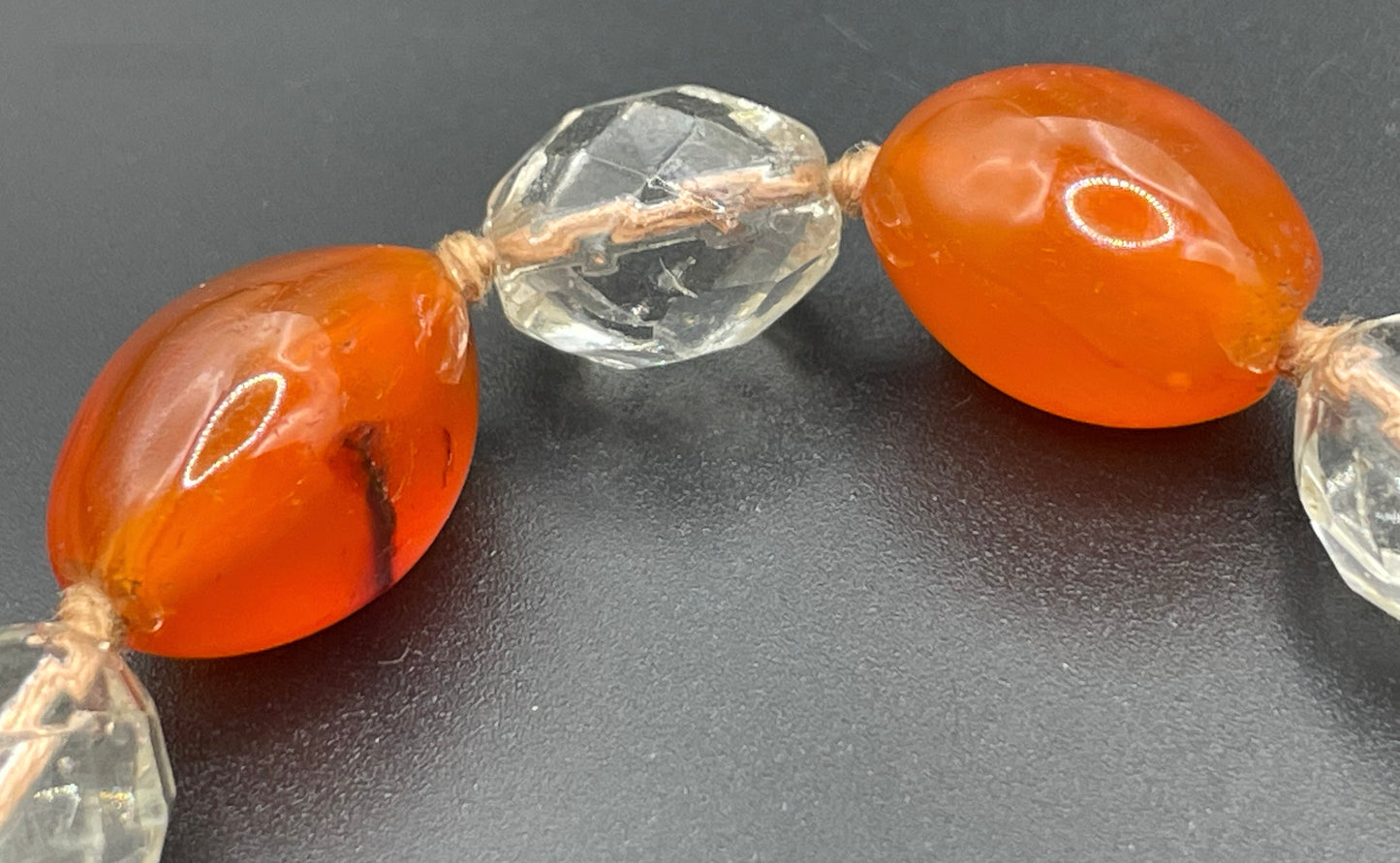 Vintage Art Deco Carnelian gemstone orange & clear glass OR rock crystal faceted bead hand knotted flapper necklace - 1920s, long and heavy