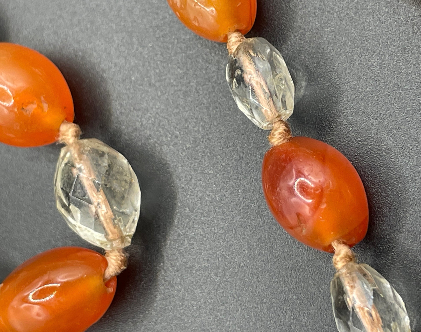 Vintage Art Deco Carnelian gemstone orange & clear glass OR rock crystal faceted bead hand knotted flapper necklace - 1920s, long and heavy